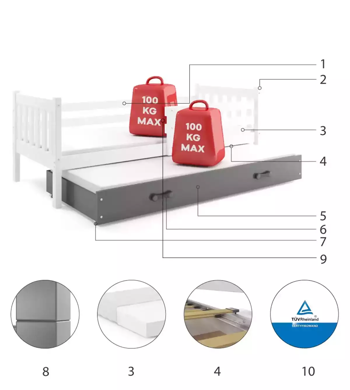 Komponenten für Ausziehbett für Jugendliche Lieb, 90x190, mit Schublade, weiß/grau