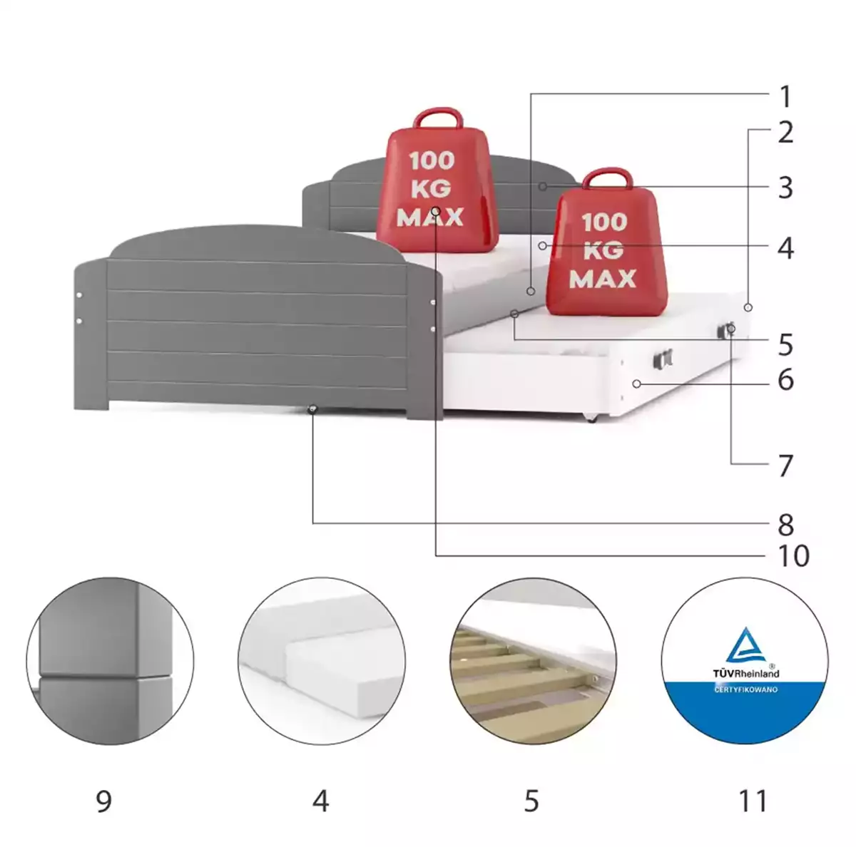 Komponenten für Ausziehbett für Jugendliche Lilly, 90x200, mit Matratze und Schublade, grau/weiß Komponenten für Ausziehbett für Jugendliche Lilly, 90x200, mit Matratze und Schublade, grau/weiß