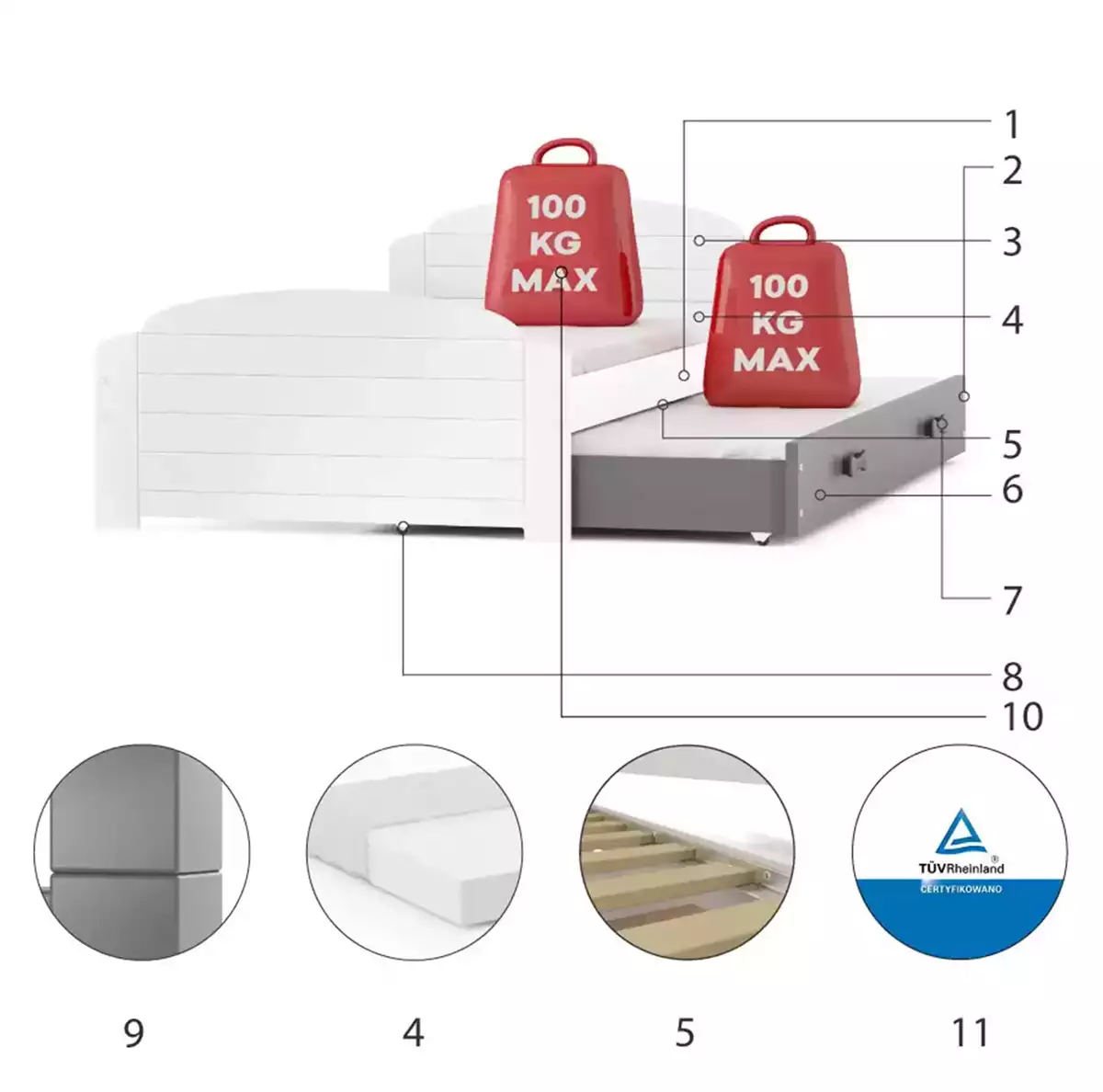 Komponenten für Ausziehbett für Jugendliche Lilly, 90x200, mit Matratze und Schublade, weiß/grau Komponenten für Ausziehbett für Jugendliche Lilly, 90x200, mit Matratze und Schublade, weiß/grau