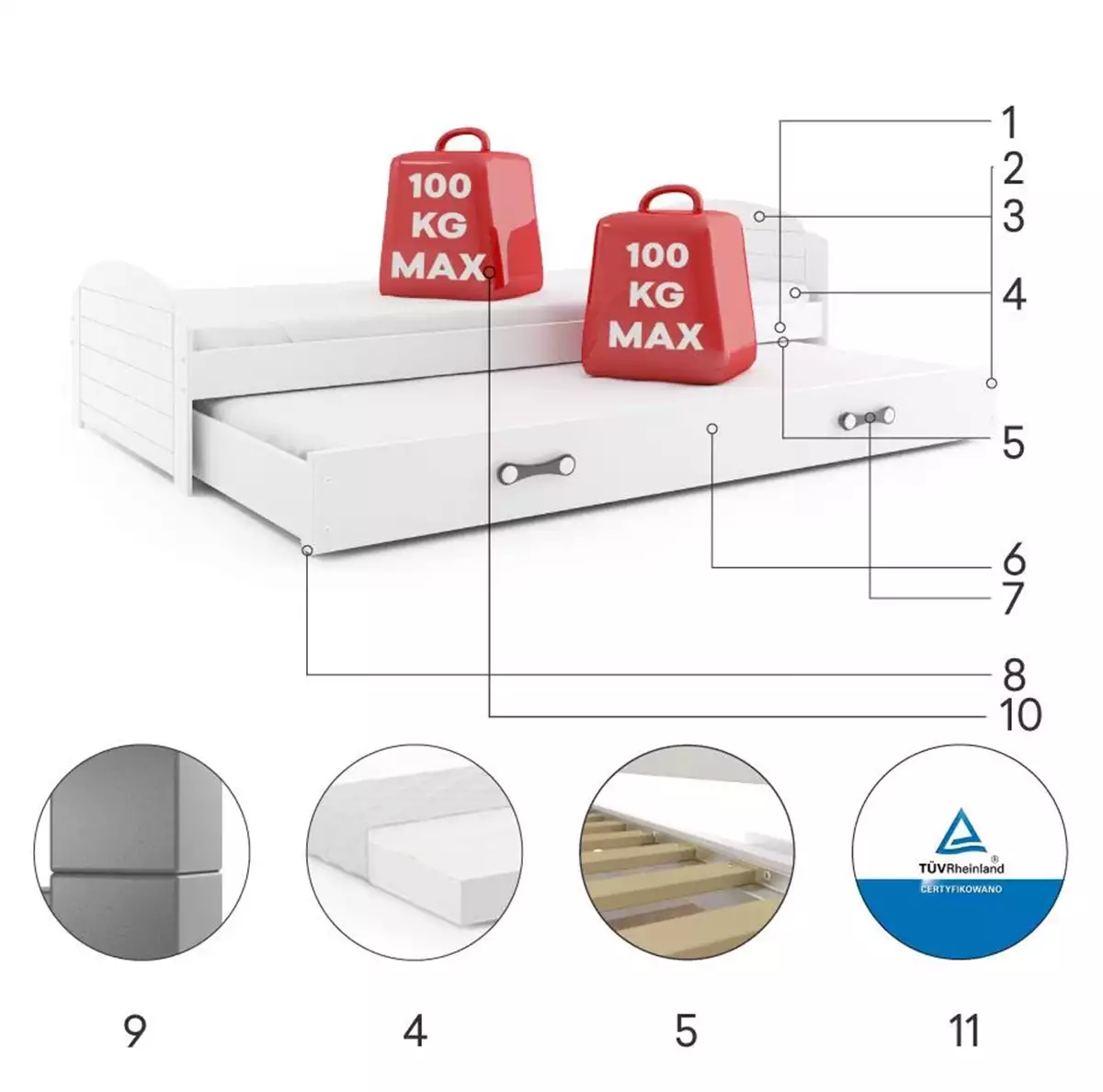 Komponenten für Ausziehbett für Jugendliche Lilly, 90x200, mit Matratze und Schublade, weiß Komponenten für Ausziehbett für Jugendliche Lilly, 90x200, mit Matratze und Schublade, weiß