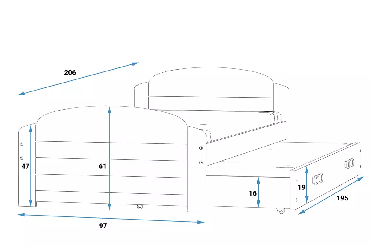 Abmessungen und Spezifikationen für Ausziehbett für Jugendliche Lilly, 90x200, mit Schublade, grau Abmessungen und Spezifikationen für Ausziehbett für Jugendliche Lilly, 90x200, mit Schublade, grau