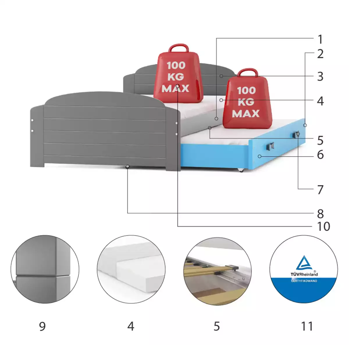 Komponenten für Ausziehbett für Jugendliche Lilly, 90x200, mit Schublade, grau/blau