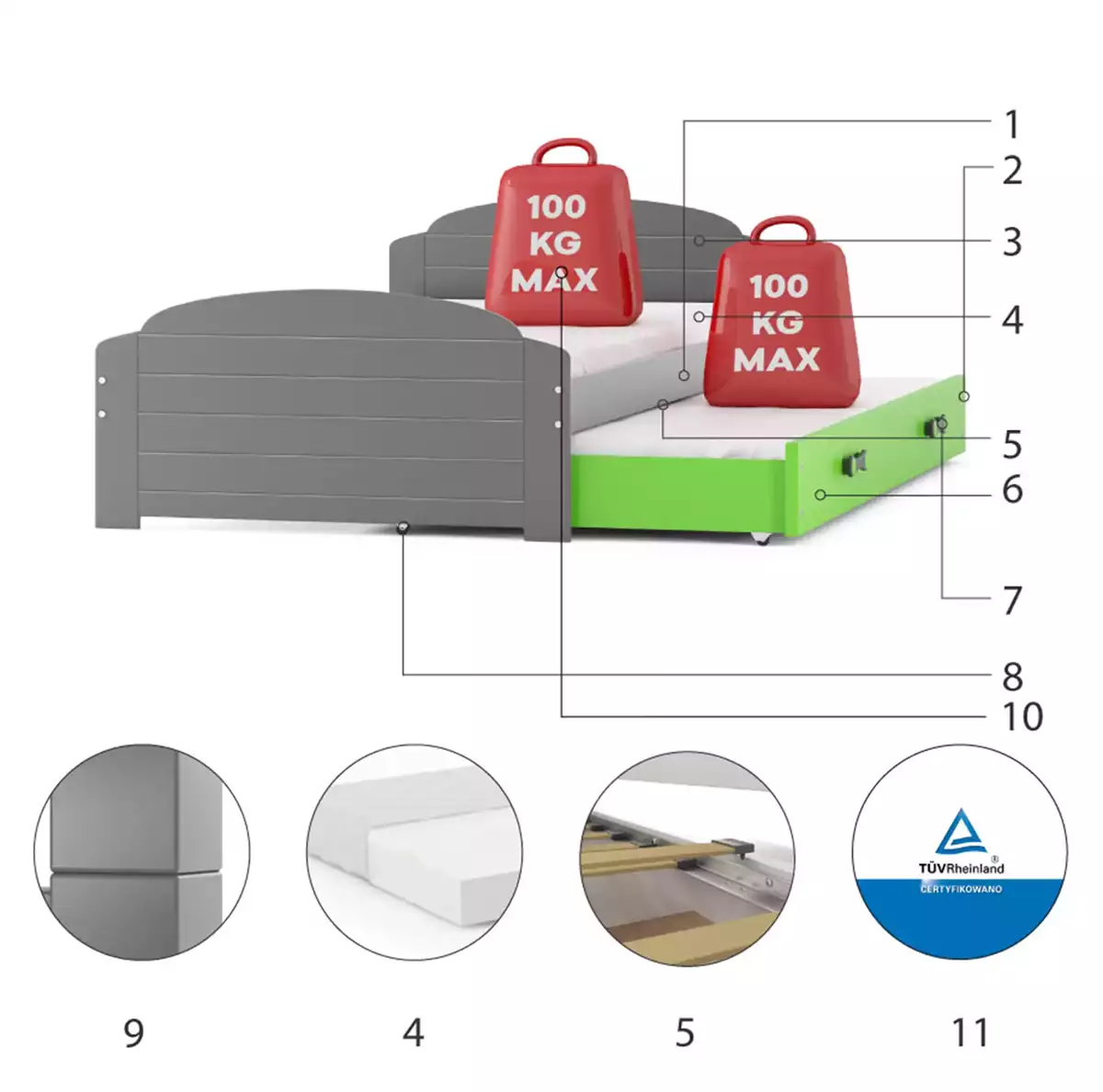 Komponenten für Ausziehbett für Jugendliche Lilly, 90x200, mit Schublade, grau/grün Komponenten für Ausziehbett für Jugendliche Lilly, 90x200, mit Schublade, grau/grün