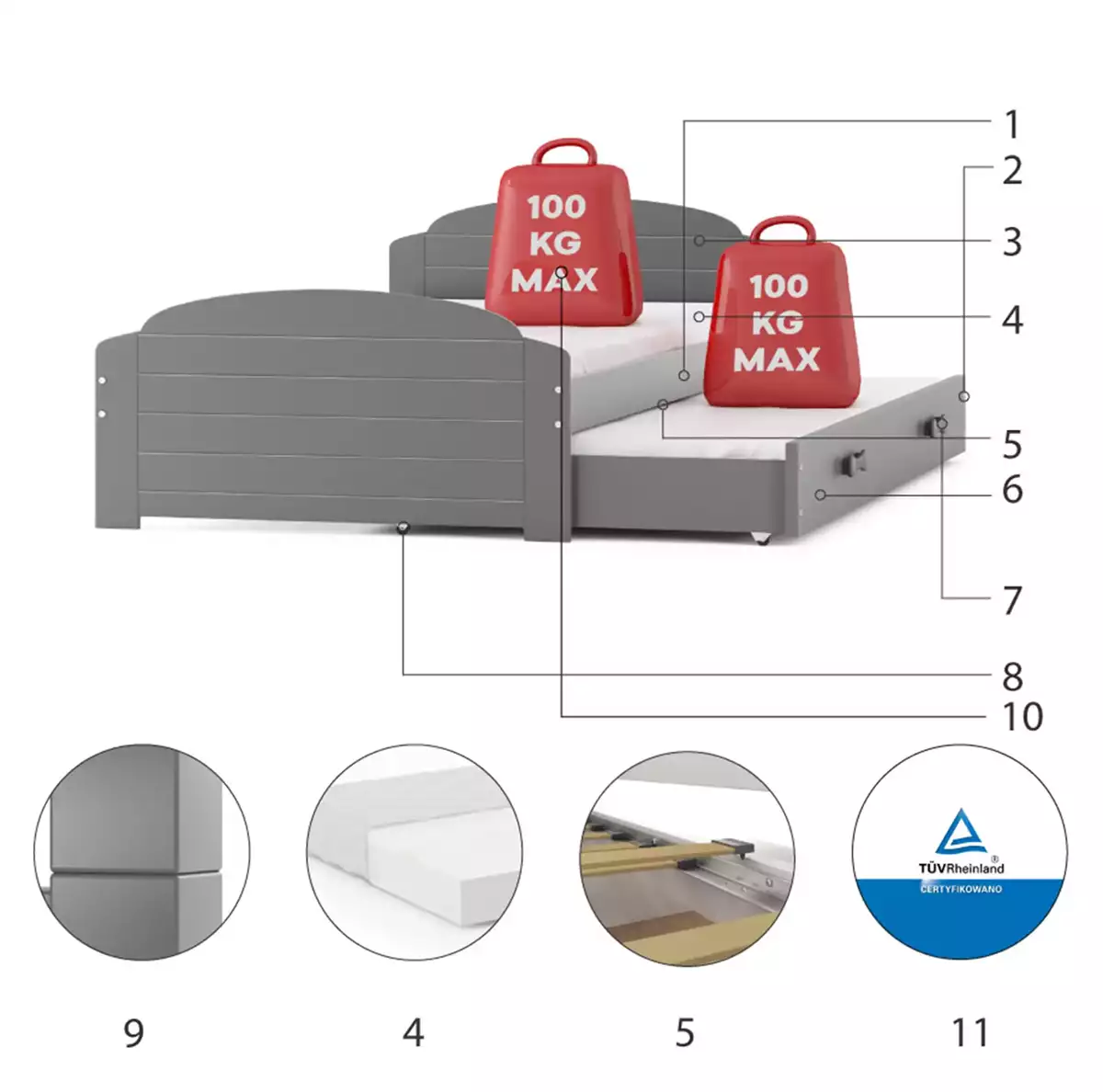 Komponenten für Ausziehbett für Jugendliche Lilly, 90x200, mit Schublade, grau Komponenten für Ausziehbett für Jugendliche Lilly, 90x200, mit Schublade, grau