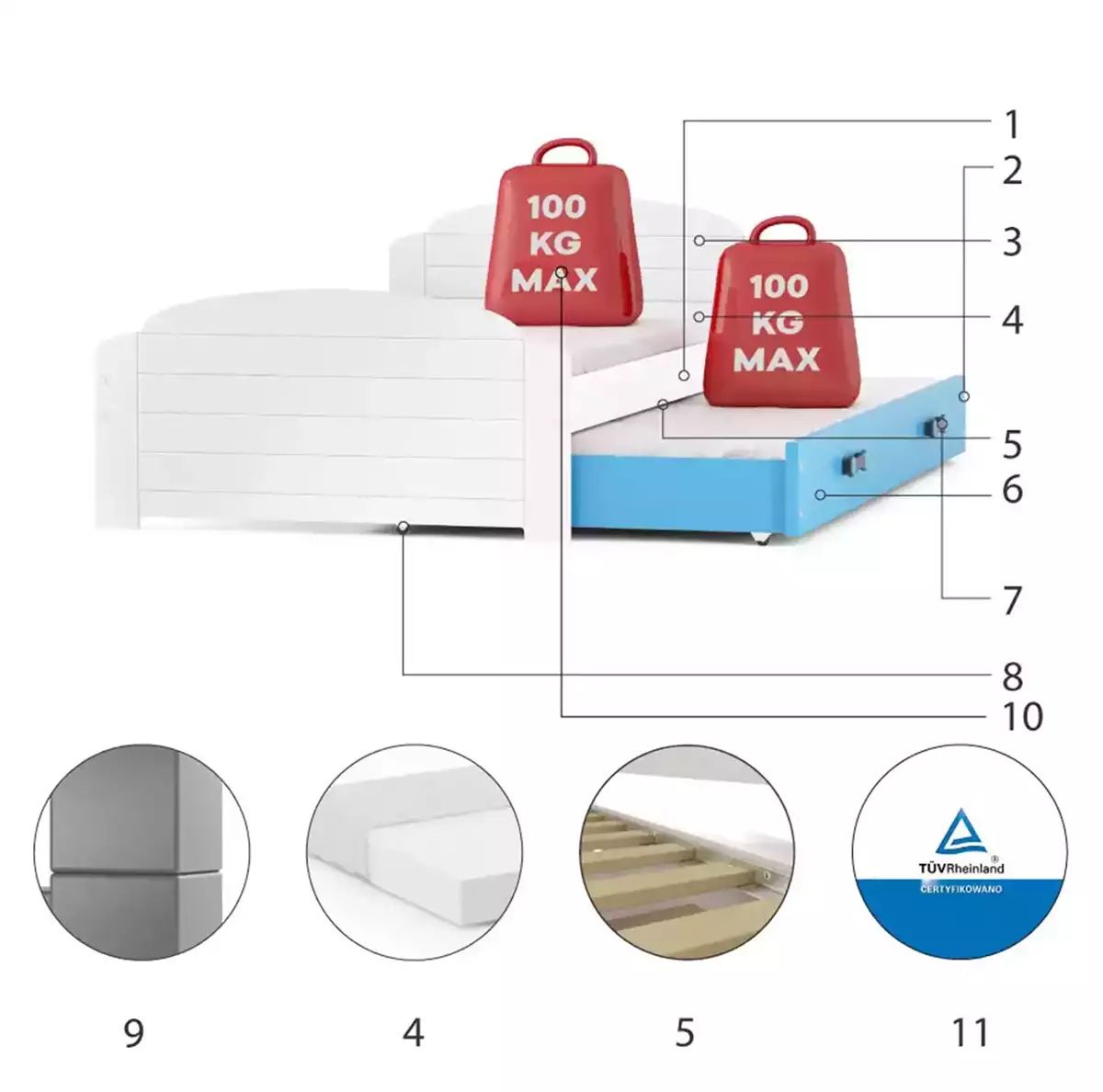 Komponenten für Ausziehbett für Jugendliche Lilly, 90x200, mit Schublade, weiß/blau Komponenten für Ausziehbett für Jugendliche Lilly, 90x200, mit Schublade, weiß/blau