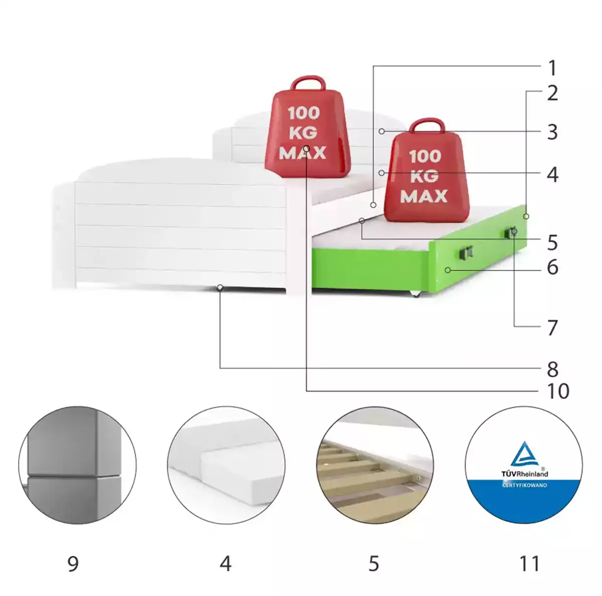 Komponenten für Ausziehbett für Jugendliche Lilly, 90x200, mit Schublade, weiß/grün Komponenten für Ausziehbett für Jugendliche Lilly, 90x200, mit Schublade, weiß/grün