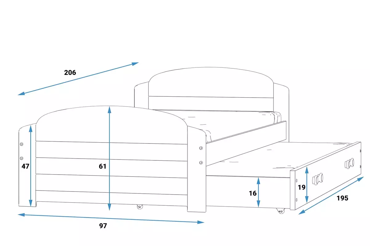 Abmessungen und Spezifikationen für Ausziehbett für Jugendliche Lilly, 90x200, mit Schublade, weiß/grau Abmessungen und Spezifikationen für Ausziehbett für Jugendliche Lilly, 90x200, mit Schublade, weiß/grau