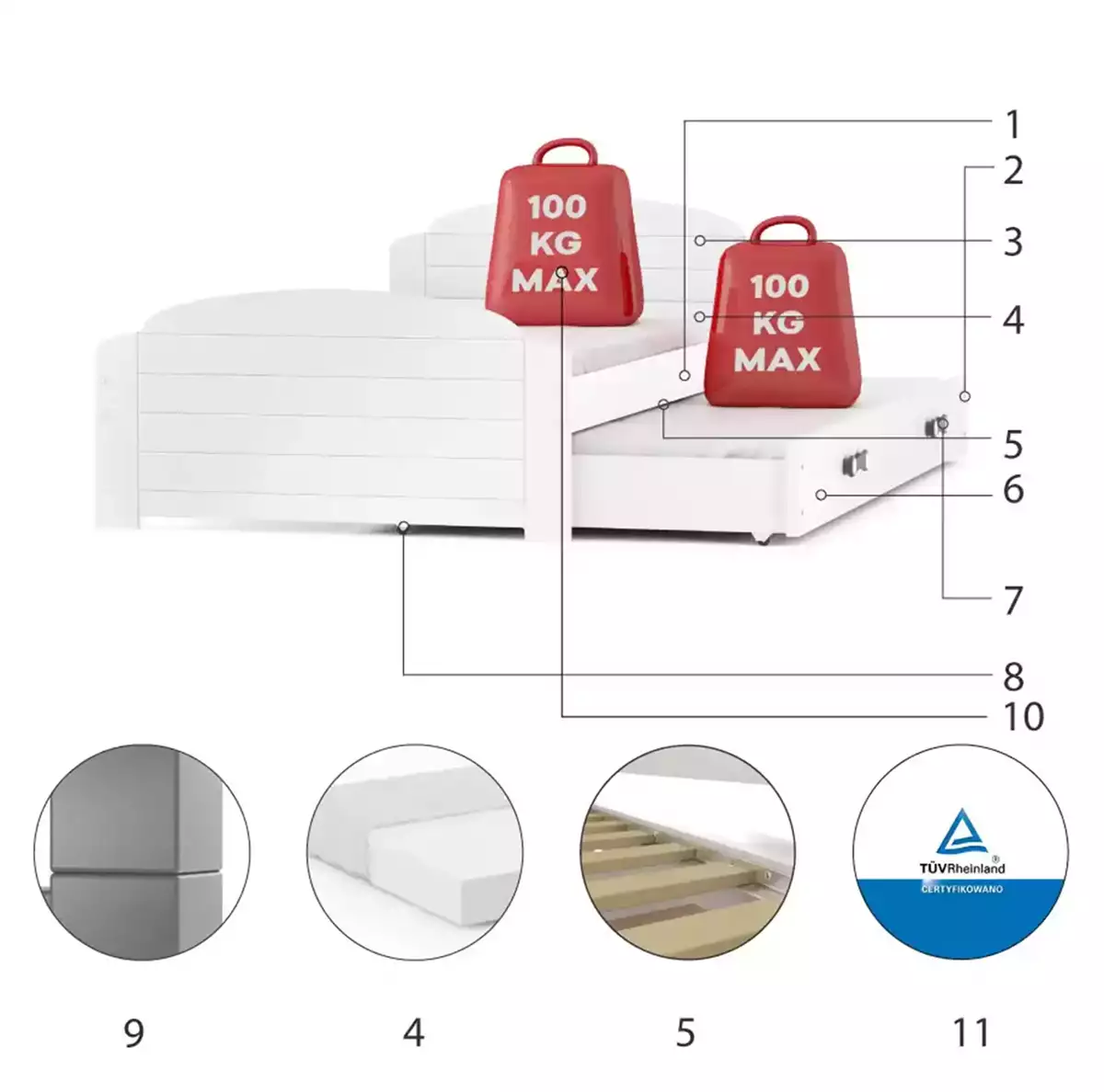 Komponenten für Ausziehbett für Jugendliche Lilly, 90x200, mit Schublade, weiß
