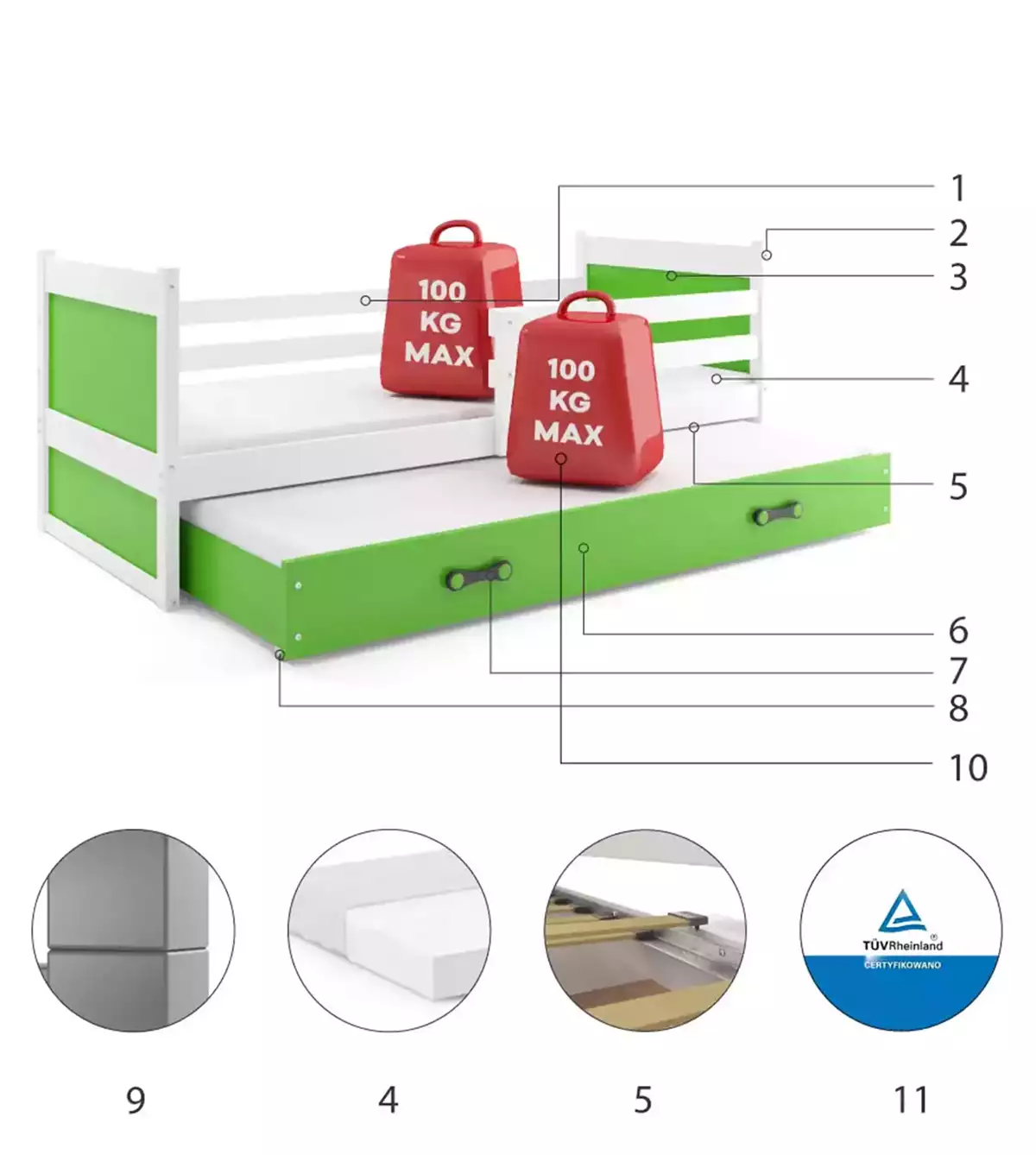 Komponenten für Ausziehbett für Jugendliche Richard, 80x190, mit Matratze und Schublade, weiß/grün Komponenten für Ausziehbett für Jugendliche Richard, 80x190, mit Matratze und Schublade, weiß/grün
