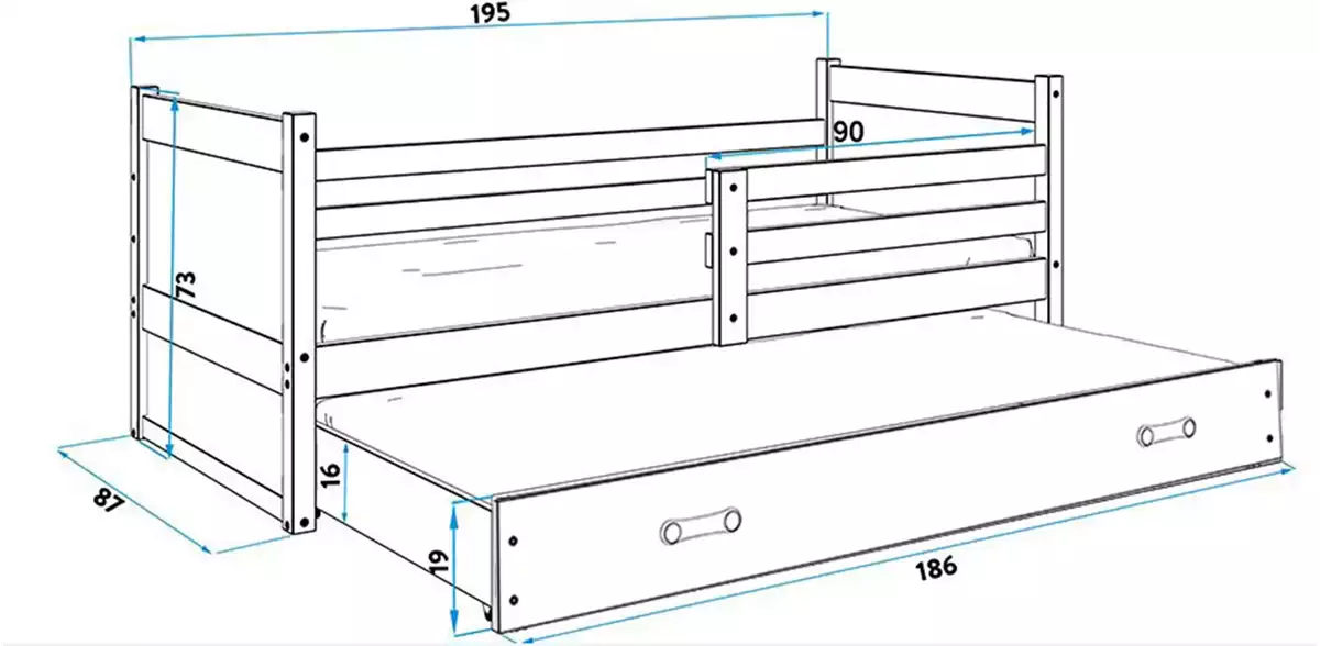 Abmessungen und Spezifikationen für Ausziehbett für Jugendliche Richard, 80x190, mit Matratze und Schublade, weiß/grau Abmessungen und Spezifikationen für Ausziehbett für Jugendliche Richard, 80x190, mit Matratze und Schublade, weiß/grau