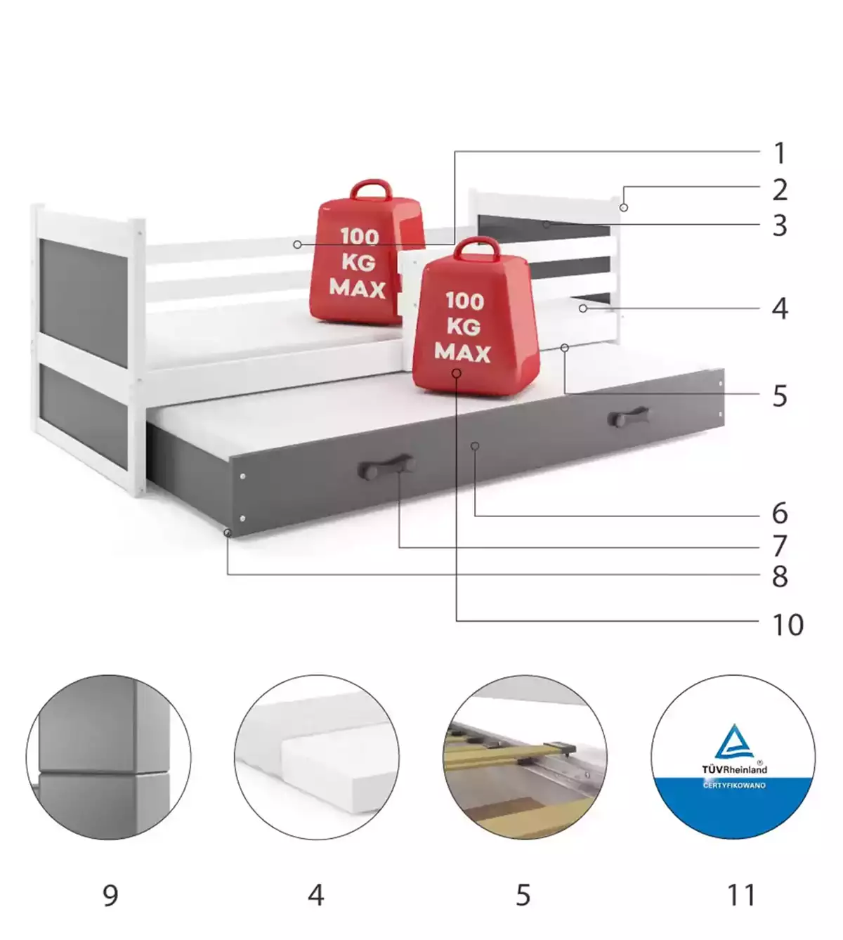 Komponenten für Ausziehbett für Jugendliche Richard, 80x190, mit Matratze und Schublade, weiß/grau Komponenten für Ausziehbett für Jugendliche Richard, 80x190, mit Matratze und Schublade, weiß/grau