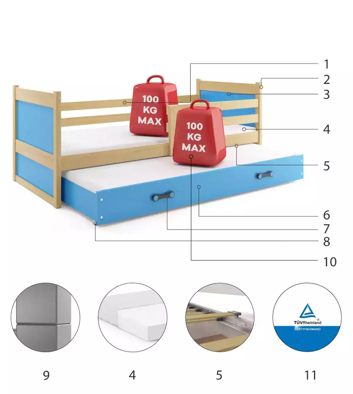 Komponenten für Ausziehbett für Jugendliche Richard, 80x190, mit Schublade, Kiefer/blau Komponenten für Ausziehbett für Jugendliche Richard, 80x190, mit Schublade, Kiefer/blau