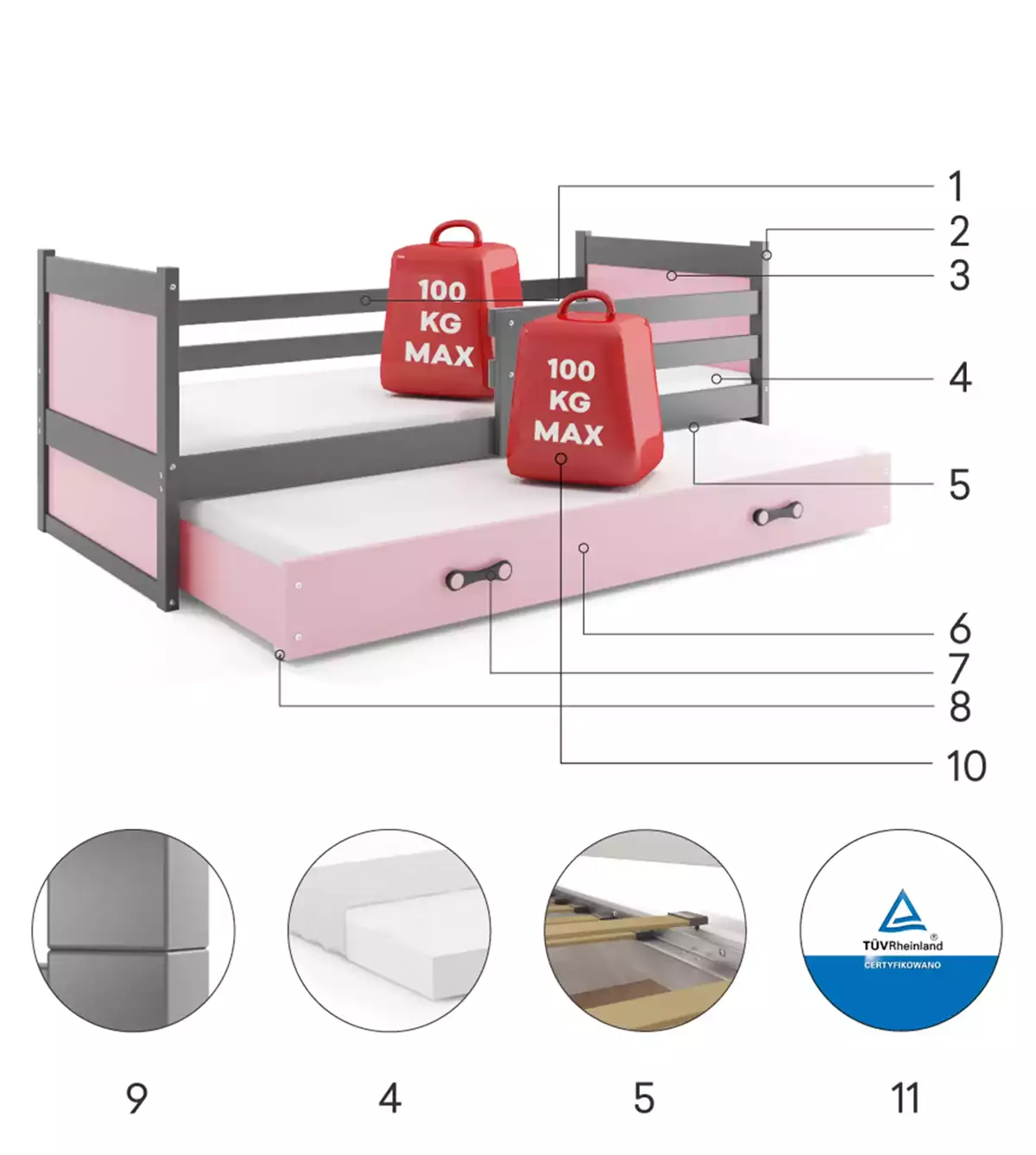 Komponenten für Ausziehbett für Jugendliche Richard, 90x190, mit Matratze und Schublade, grau/rosa Komponenten für Ausziehbett für Jugendliche Richard, 90x190, mit Matratze und Schublade, grau/rosa