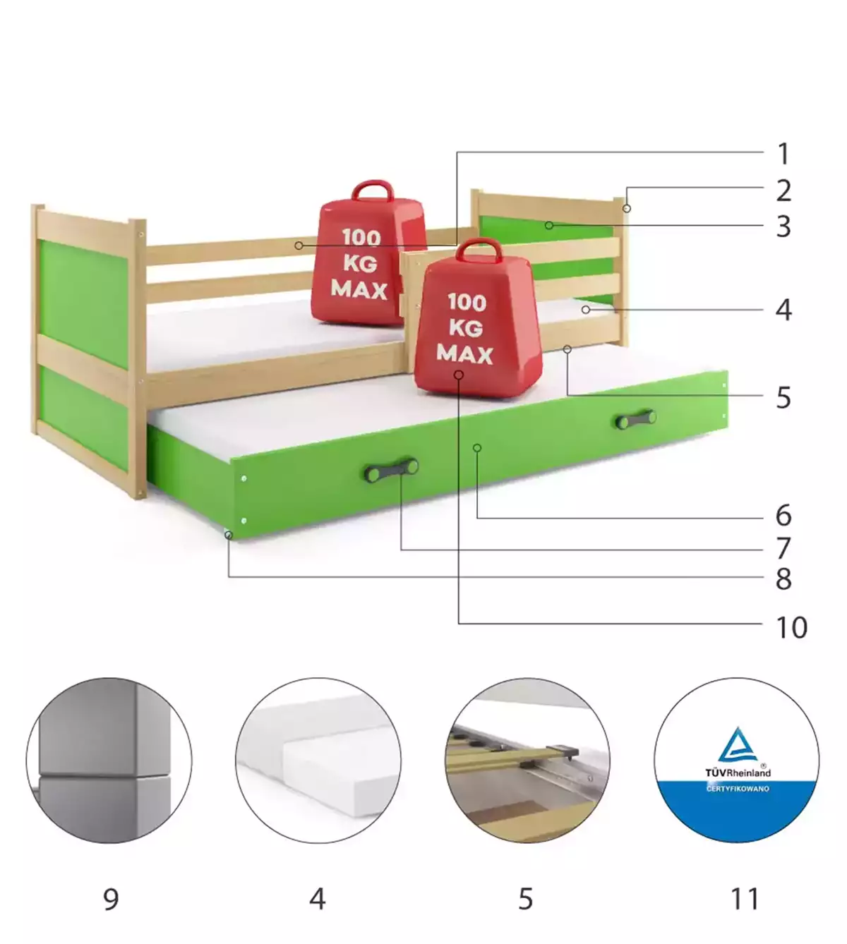 Komponenten für Ausziehbett für Jugendliche Richard, 90x190, mit Matratze und Schublade, Kiefer/grün Komponenten für Ausziehbett für Jugendliche Richard, 90x190, mit Matratze und Schublade, Kiefer/grün