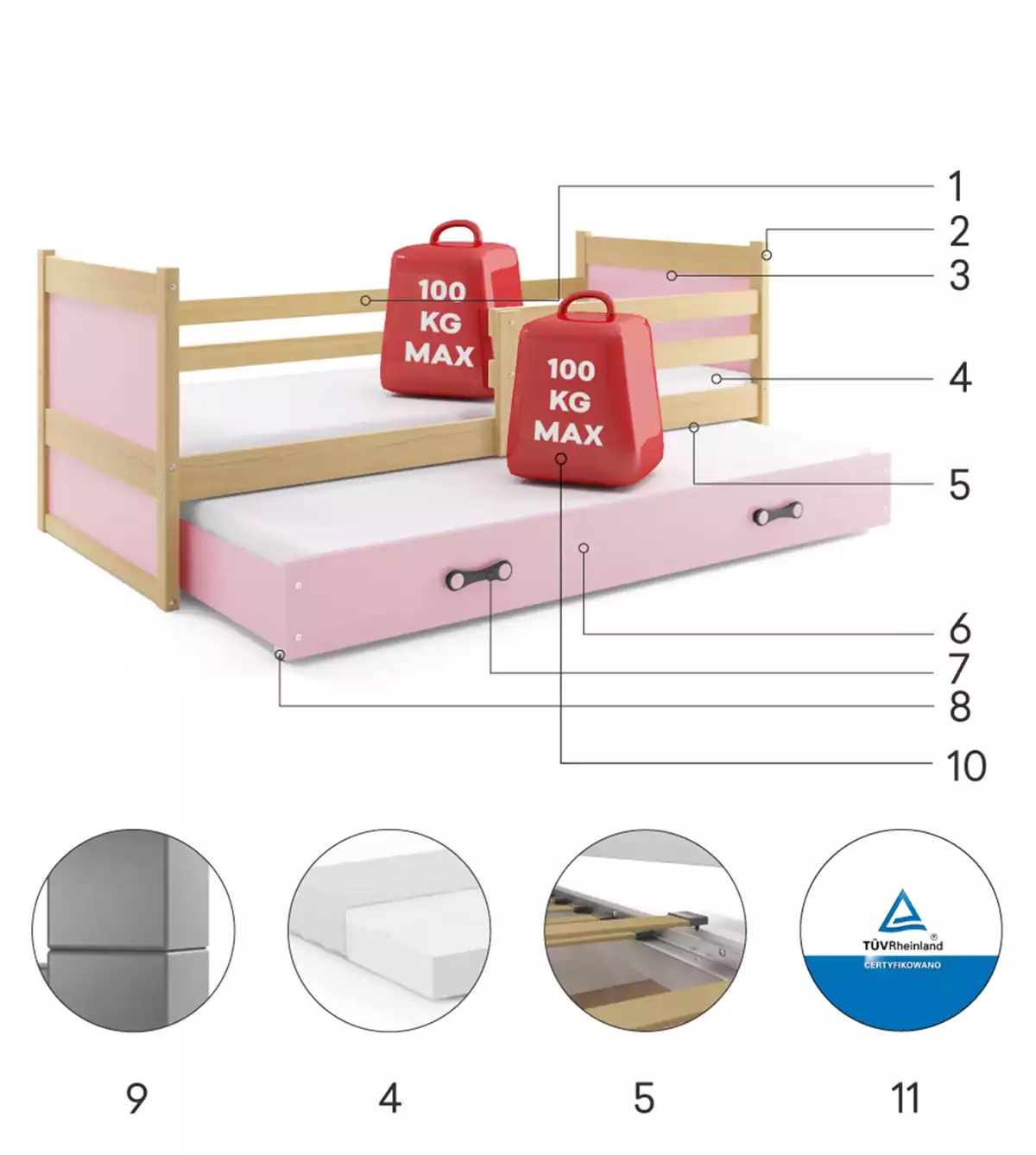 Komponenten für Ausziehbett für Jugendliche Richard, 90x190, mit Matratze und Schublade, Kiefer/rosa Komponenten für Ausziehbett für Jugendliche Richard, 90x190, mit Matratze und Schublade, Kiefer/rosa