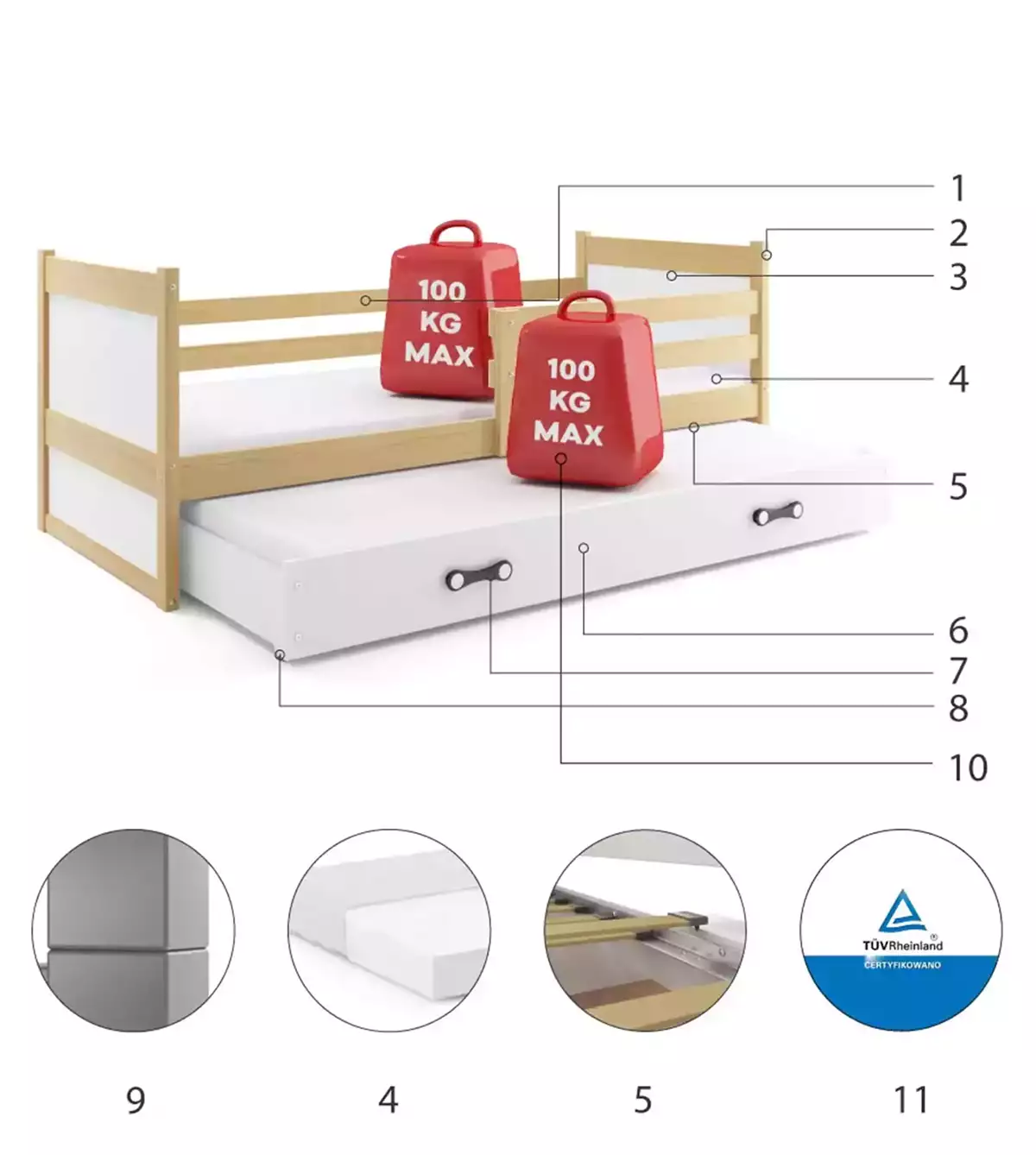 Komponenten für Ausziehbett für Jugendliche Richard, 90x190, mit Matratze und Schublade, Kiefer/weiß