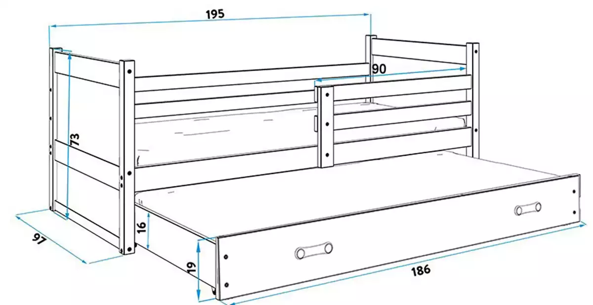 Abmessungen und Spezifikationen für Ausziehbett für Jugendliche Richard, 90x190, mit Matratze und Schublade, weiß Abmessungen und Spezifikationen für Ausziehbett für Jugendliche Richard, 90x190, mit Matratze und Schublade, weiß