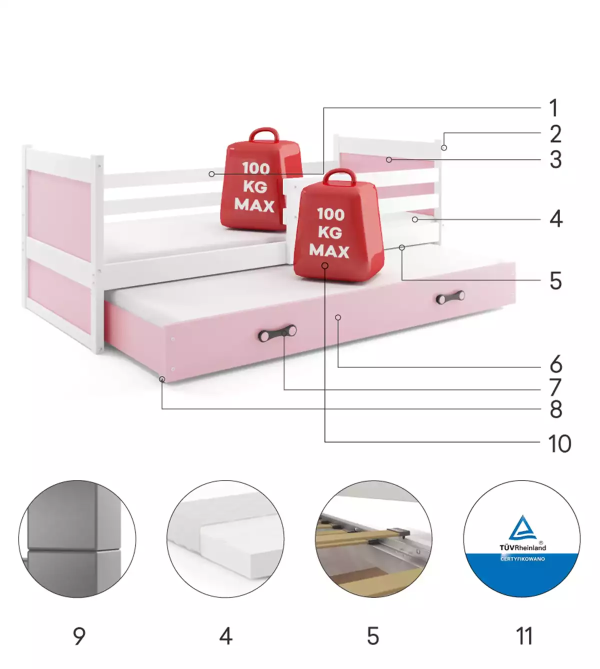 Komponenten für Ausziehbett für Jugendliche Richard, 90x190, mit Matratze und Schublade, weiß/rosa Komponenten für Ausziehbett für Jugendliche Richard, 90x190, mit Matratze und Schublade, weiß/rosa