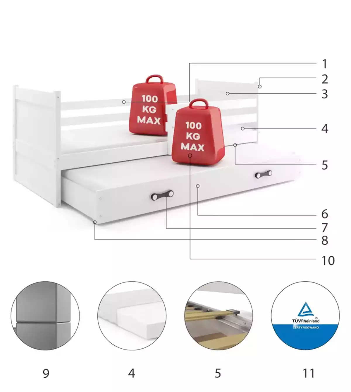 Komponenten für Ausziehbett für Jugendliche Richard, 90x190, mit Matratze und Schublade, weiß Komponenten für Ausziehbett für Jugendliche Richard, 90x190, mit Matratze und Schublade, weiß