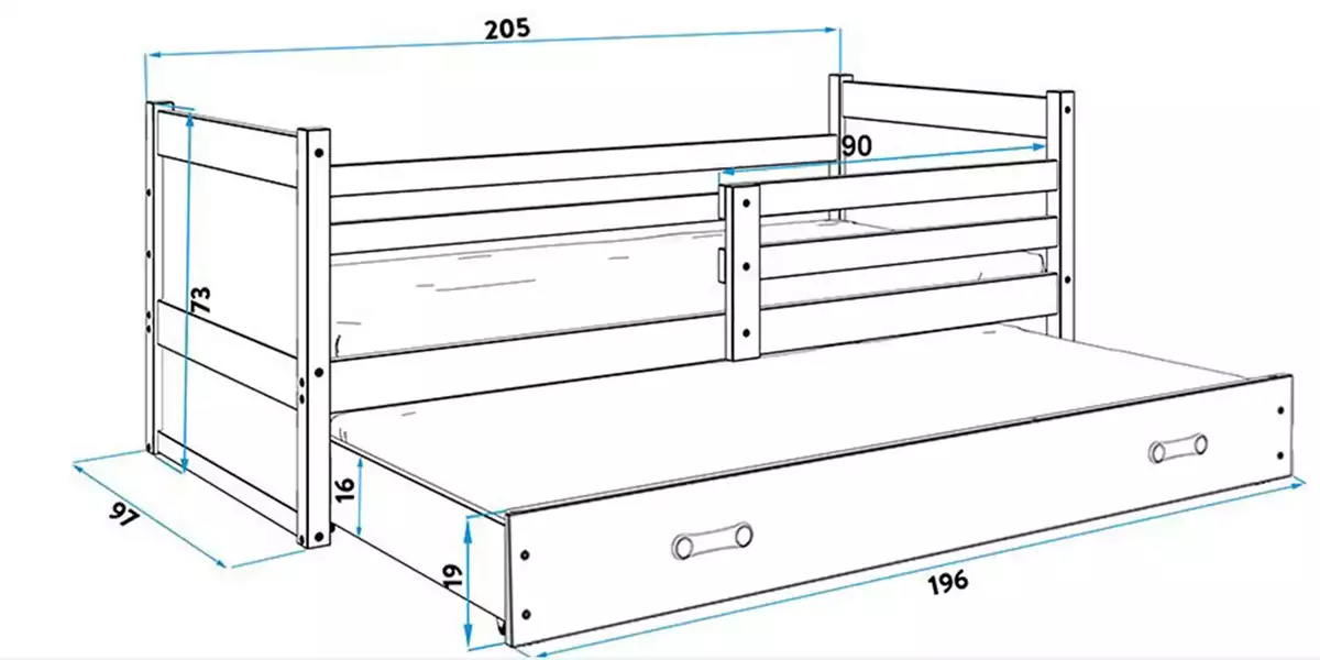 Abmessungen und Spezifikationen für Ausziehbett für Jugendliche Richard, 90x200, mit Matratze und Schublade, grau Abmessungen und Spezifikationen für Ausziehbett für Jugendliche Richard, 90x200, mit Matratze und Schublade, grau