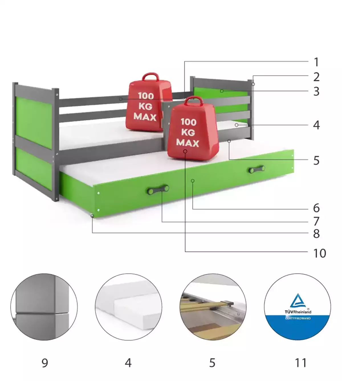 Komponenten für Ausziehbett für Jugendliche Richard, 90x200, mit Matratze und Schublade, grau/grün