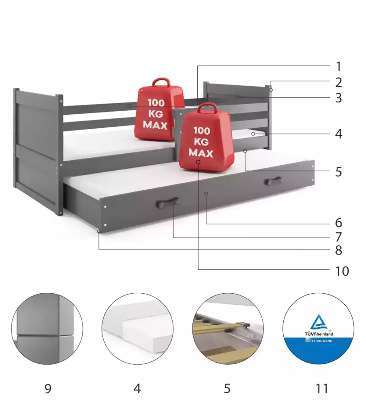Komponenten für Ausziehbett für Jugendliche Richard, 90x200, mit Matratze und Schublade, grau Komponenten für Ausziehbett für Jugendliche Richard, 90x200, mit Matratze und Schublade, grau