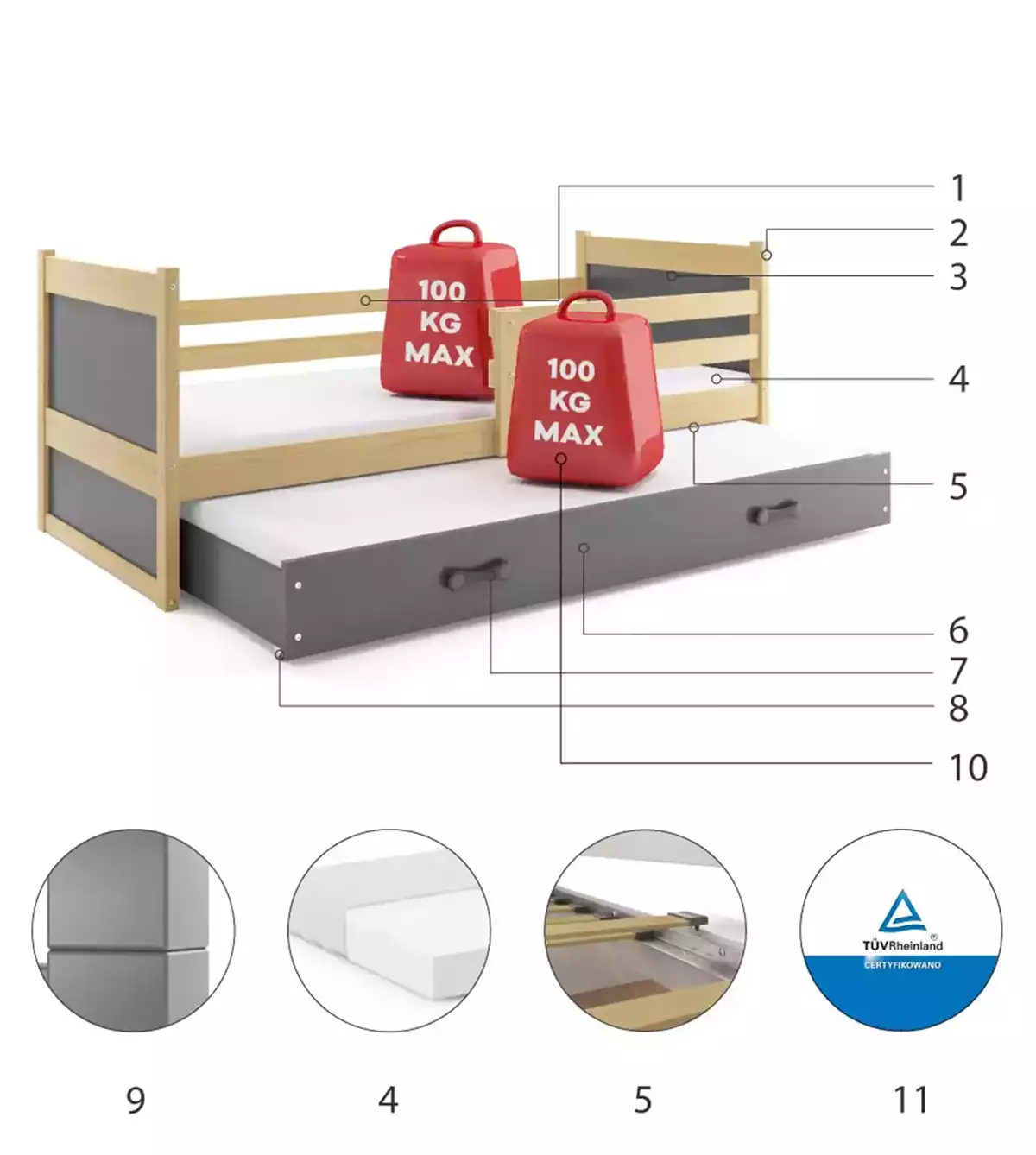 Komponenten für Ausziehbett für Jugendliche Richard, 90x200, mit Matratze und Schublade, Kiefer/grau Komponenten für Ausziehbett für Jugendliche Richard, 90x200, mit Matratze und Schublade, Kiefer/grau