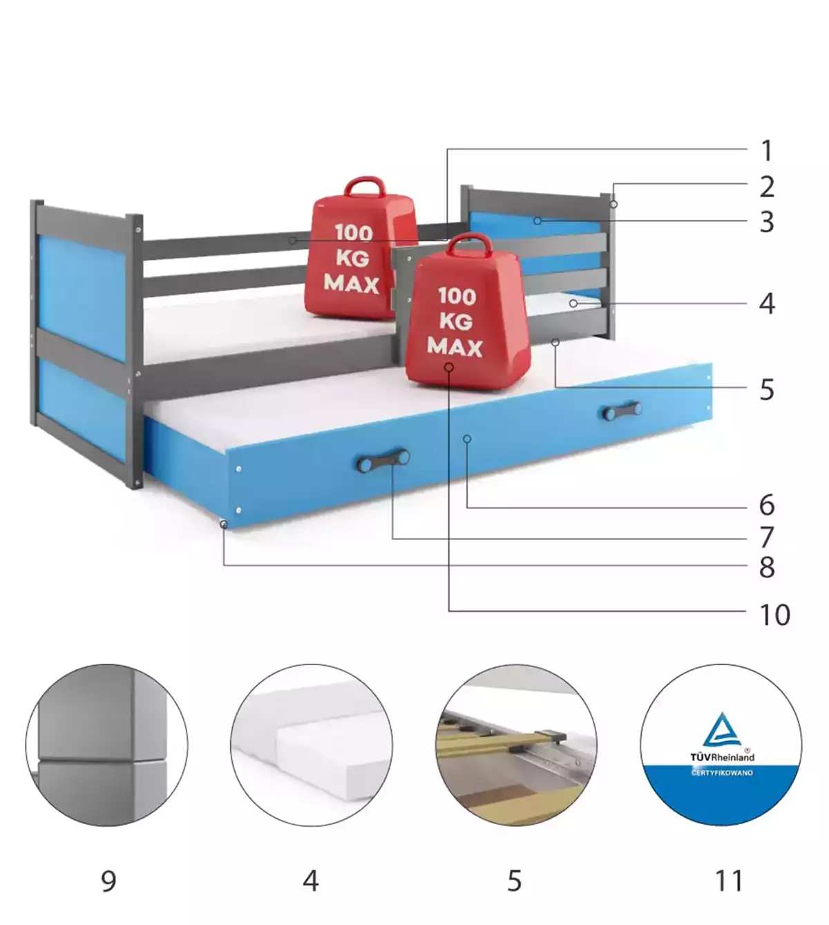 Komponenten für Ausziehbett für Jugendliche Richard, 90x200, mit Schublade, grau/blau Komponenten für Ausziehbett für Jugendliche Richard, 90x200, mit Schublade, grau/blau