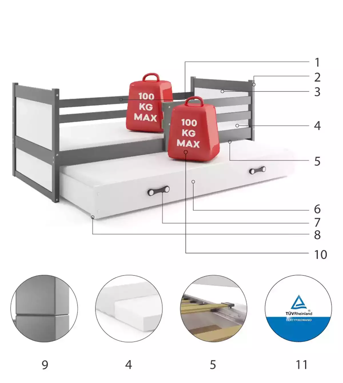 Komponenten für Ausziehbett für Jugendliche Richard, 90x200, mit Schublade, grau/weiß