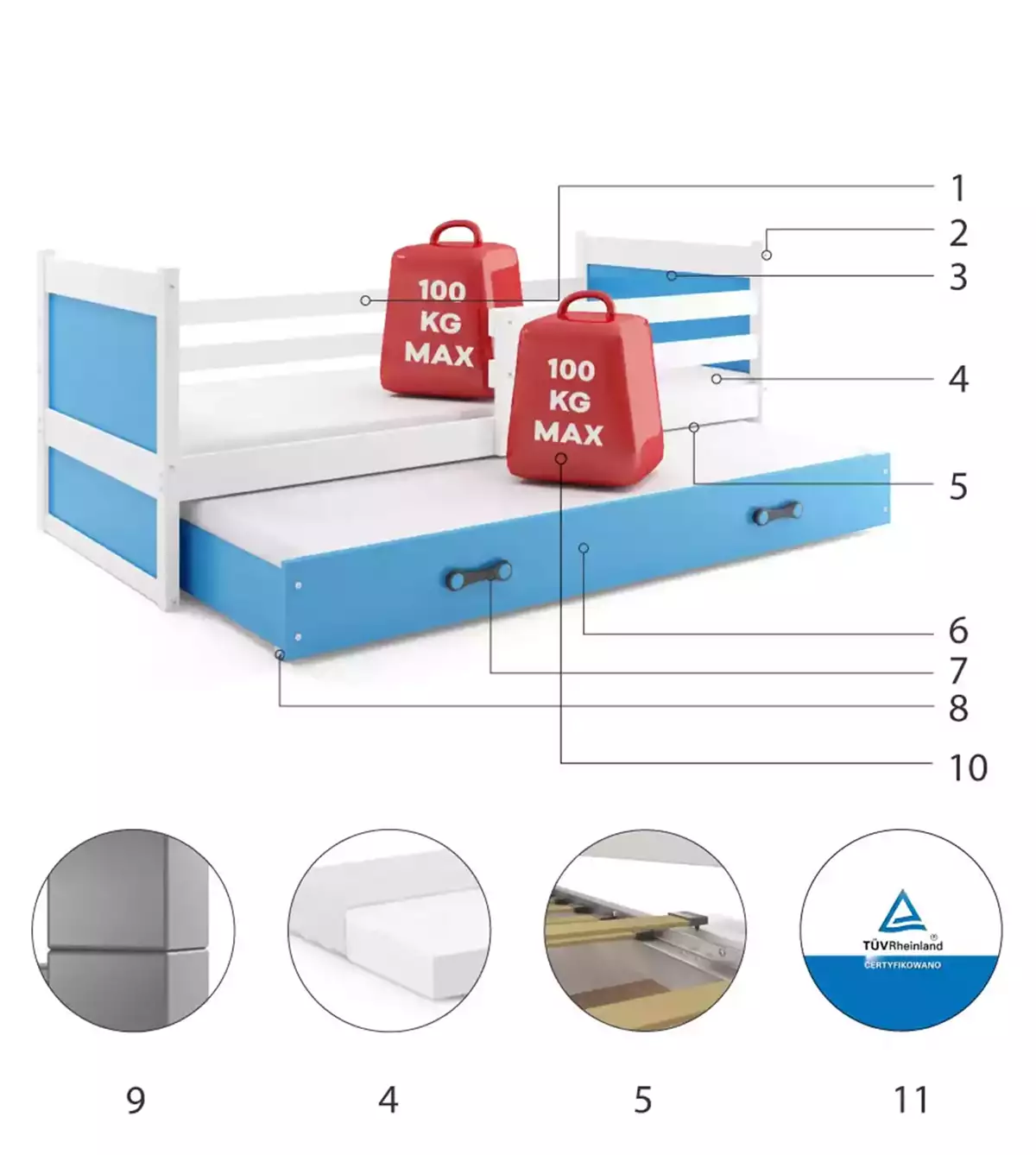 Komponenten für Ausziehbett für Jugendliche Richard, 90x200, mit Schublade, weiß/blau