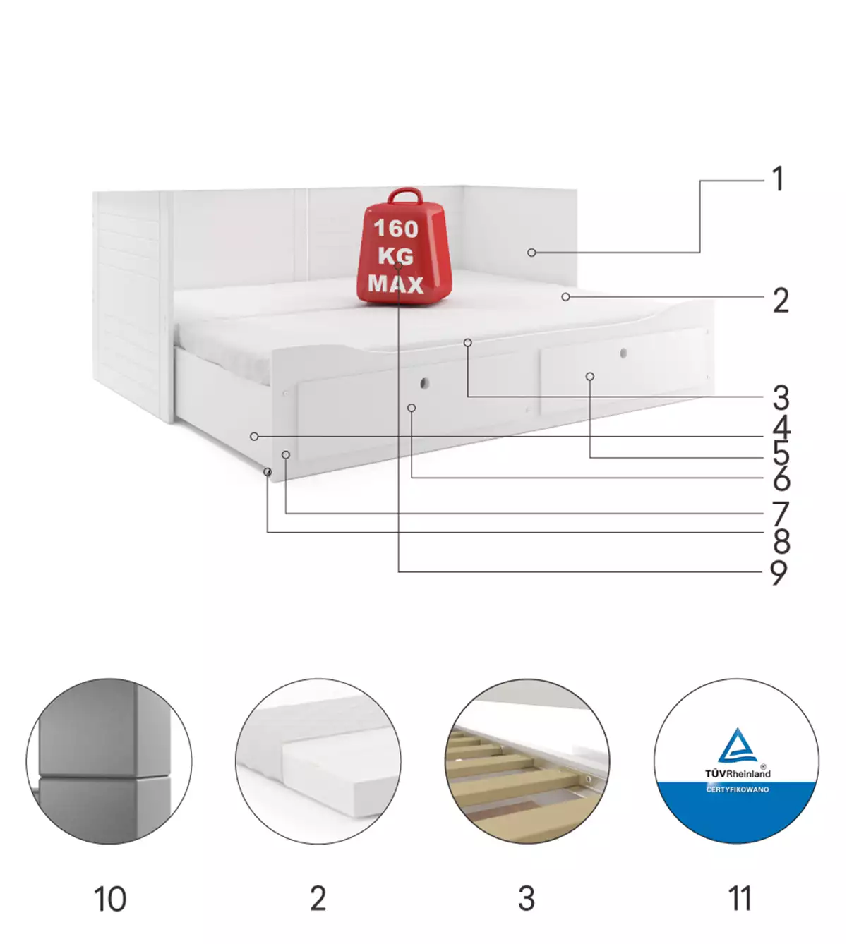 Komponenten für Ausziehbett für Jugendliche Tagesbett Hermes, 80X200, mit Matratze und Schublade, weiß