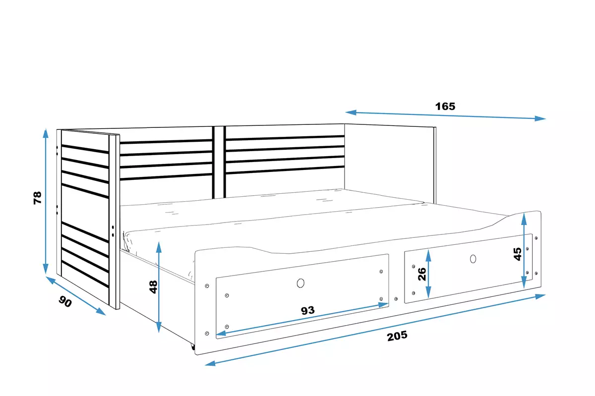 Abmessungen und Spezifikationen für Ausziehbett für Jugendliche Tagesbett Hermes, 80X200 mit Schublade, grau Abmessungen und Spezifikationen für Ausziehbett für Jugendliche Tagesbett Hermes, 80X200 mit Schublade, grau