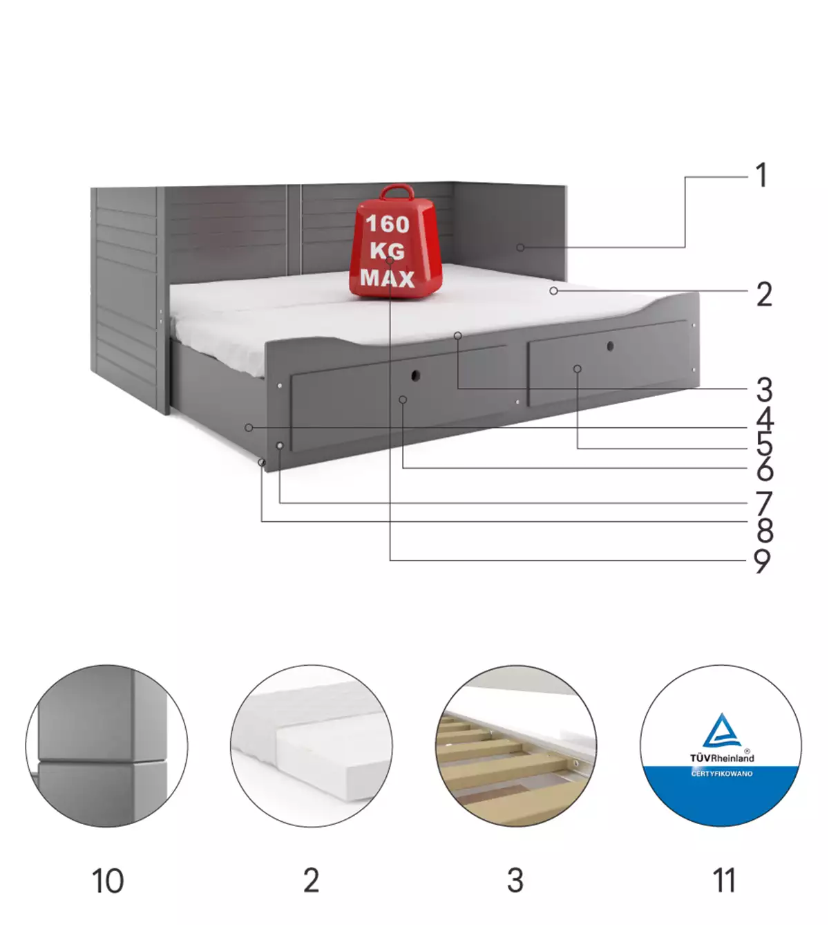 Komponenten für Ausziehbett für Jugendliche Tagesbett Hermes, 80X200 mit Schublade, grau Komponenten für Ausziehbett für Jugendliche Tagesbett Hermes, 80X200 mit Schublade, grau