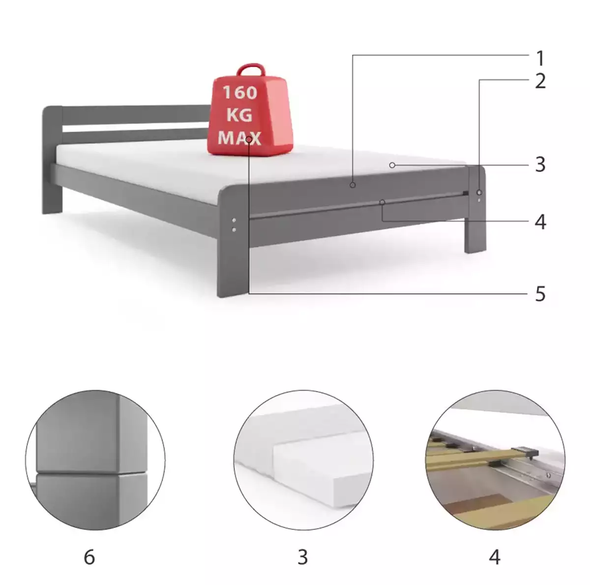 Komponenten für Doppelbett Dallas, 140x200, grau Komponenten für Doppelbett Dallas, 140x200, grau