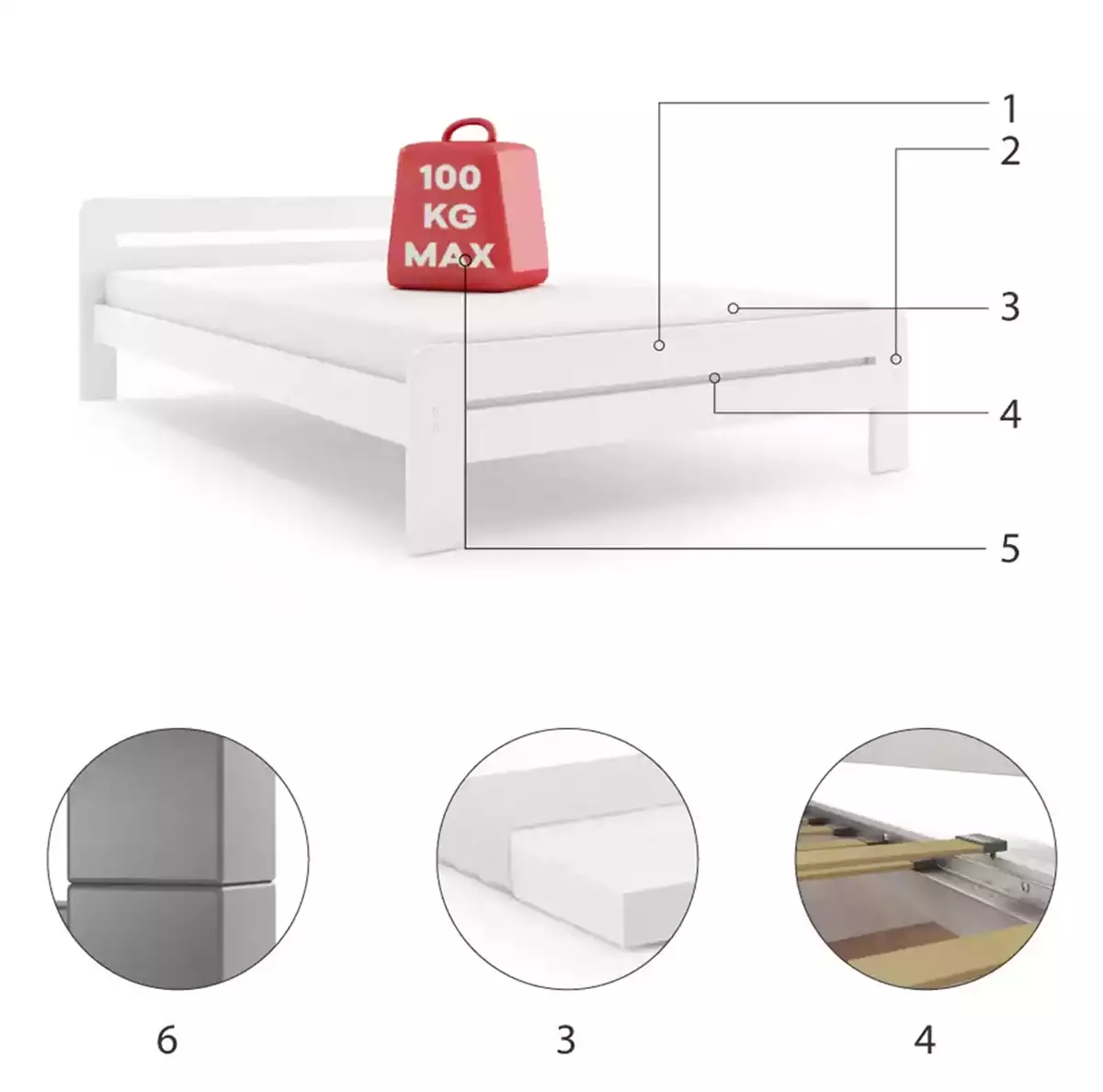 Komponenten für Doppelbett Dallas, 90x200, mit Matratze, weiß Komponenten für Doppelbett Dallas, 90x200, mit Matratze, weiß