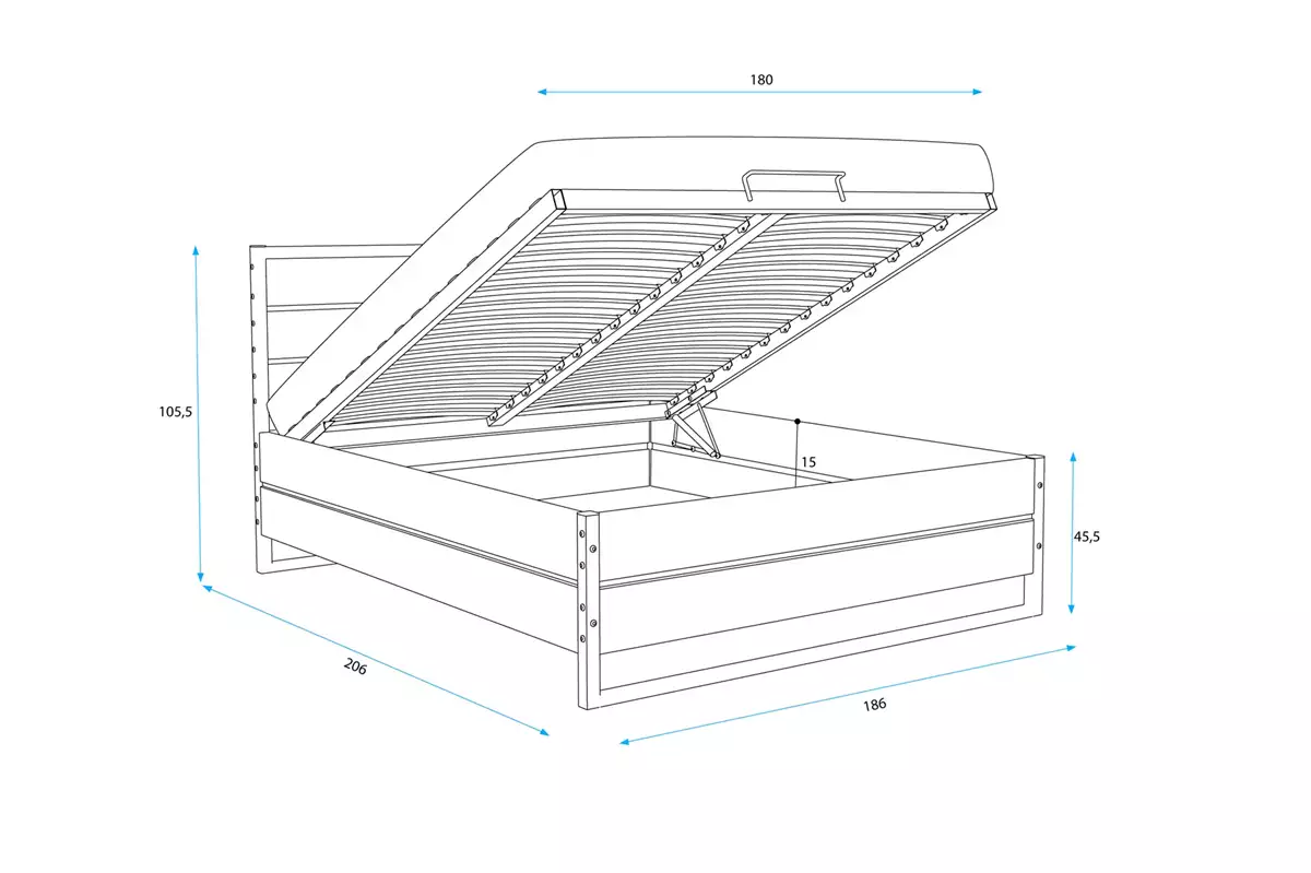 Abmessungen und Spezifikationen für Doppelbett Loft, 180x200, mit Stauraum, aus Eichenholz Abmessungen und Spezifikationen für Doppelbett Loft, 180x200, mit Stauraum, aus Eichenholz