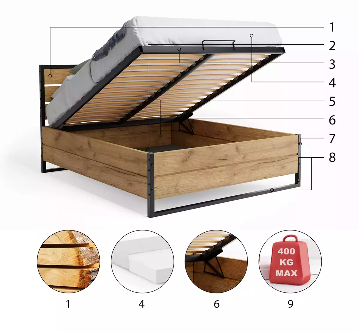 Komponenten für Doppelbett Loft, 180x200, mit Stauraum, aus Eichenholz Komponenten für Doppelbett Loft, 180x200, mit Stauraum, aus Eichenholz