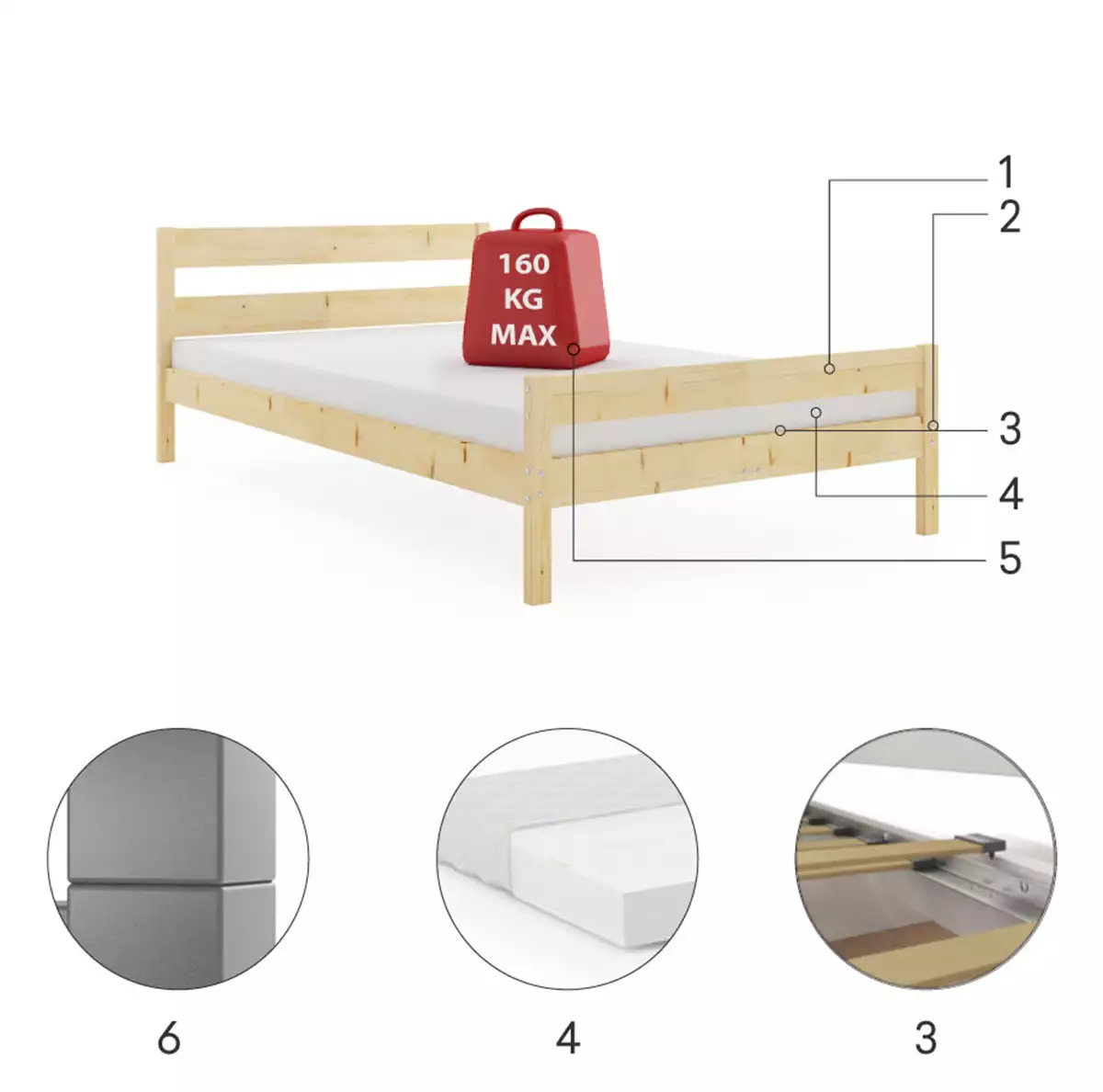 Komponenten für Doppelbett Orbis, 160x200, mit Matratze, naturholz Komponenten für Doppelbett Orbis, 160x200, mit Matratze, naturholz