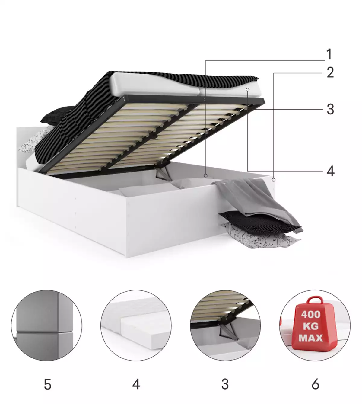 Komponenten für Doppelbett Panamax, 140x200, mit Matratze, Stauraum, weiß Komponenten für Doppelbett Panamax, 140x200, mit Matratze, Stauraum, weiß