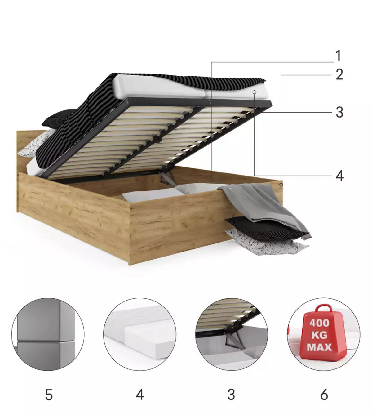 Komponenten für Doppelbett Panamax, 160x200, mit Stauraum, Kraft