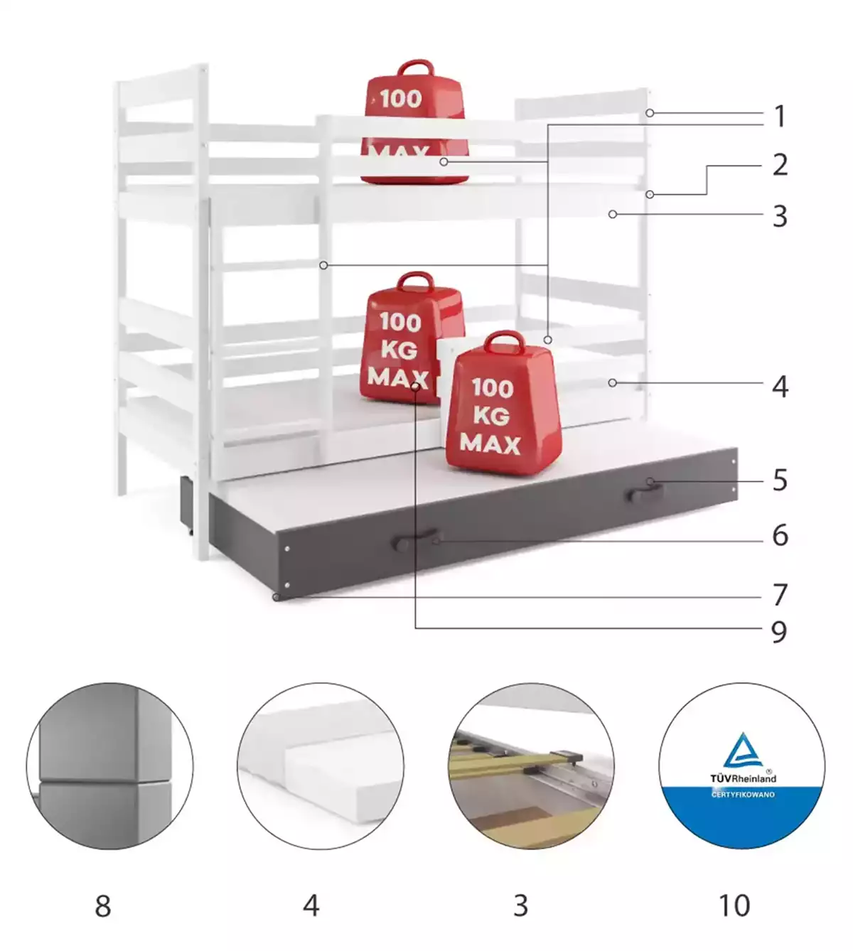 Komponenten für Etagenbett für drei Personen Erik, 90x200, mit Matratze und Schublade, weiß/grau Komponenten für Etagenbett für drei Personen Erik, 90x200, mit Matratze und Schublade, weiß/grau