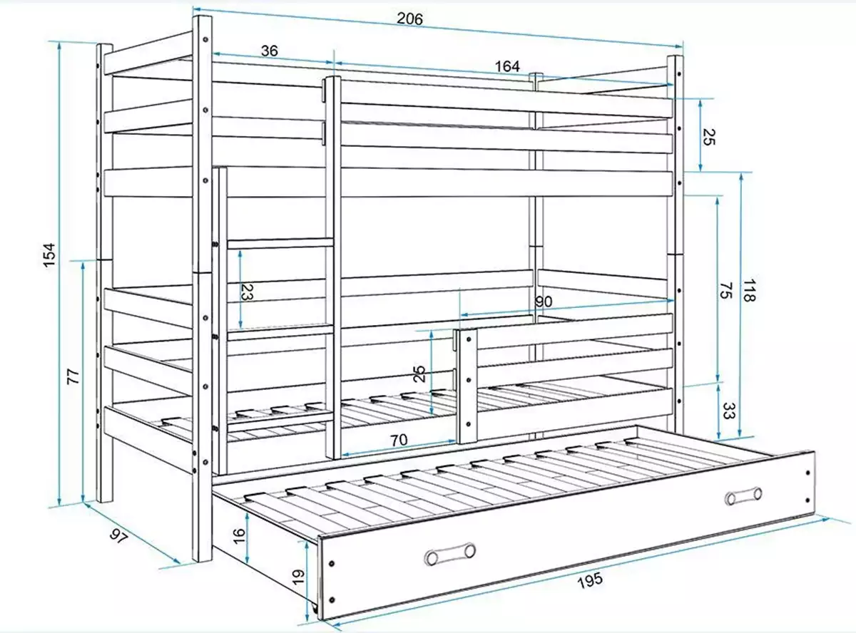 Abmessungen und Spezifikationen für Etagenbett für drei Personen Erik, 90x200, mit Schublade, weiß/blau Abmessungen und Spezifikationen für Etagenbett für drei Personen Erik, 90x200, mit Schublade, weiß/blau