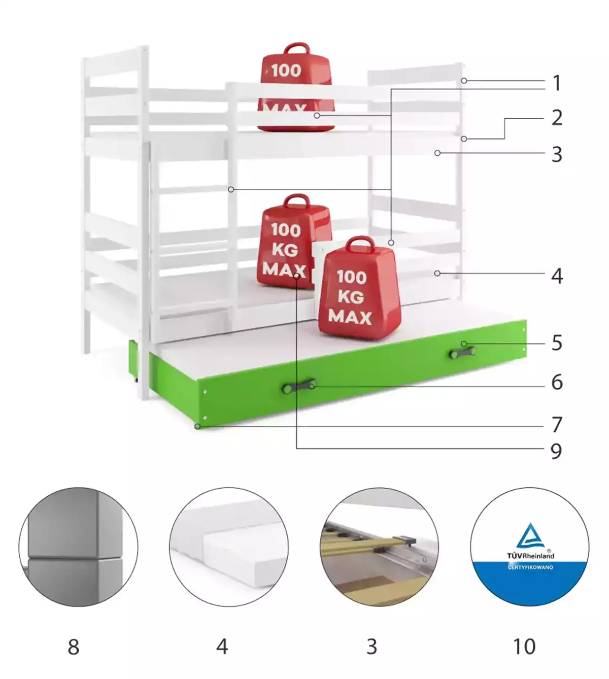 Komponenten für Etagenbett für drei Personen Erik, 90x200, mit Schublade, weiß/grün Komponenten für Etagenbett für drei Personen Erik, 90x200, mit Schublade, weiß/grün