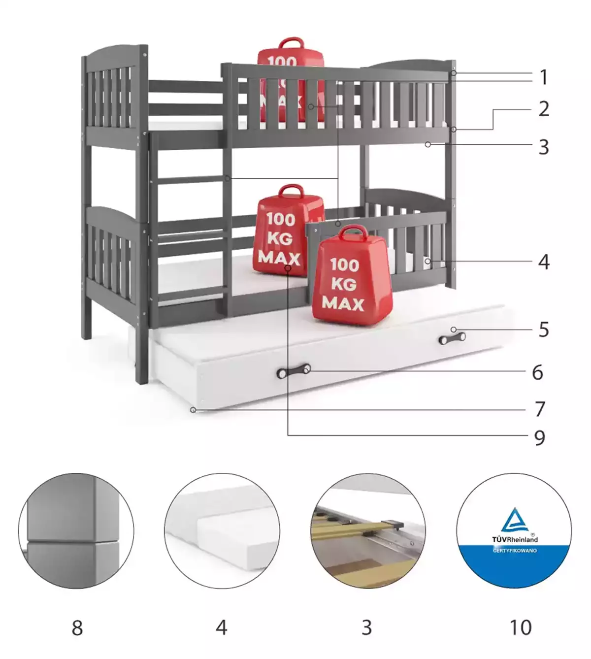 Komponenten für Etagenbett für drei Personen Jakob, 90x190, mit Matratze und Schublade, grau/weiß