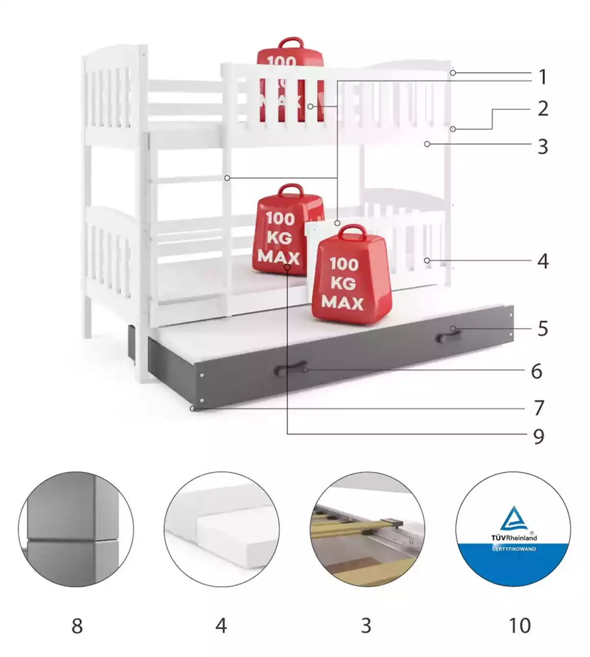 Komponenten für Etagenbett für drei Personen Jakob, 90x190, mit Matratze und Schublade, weiß/grau