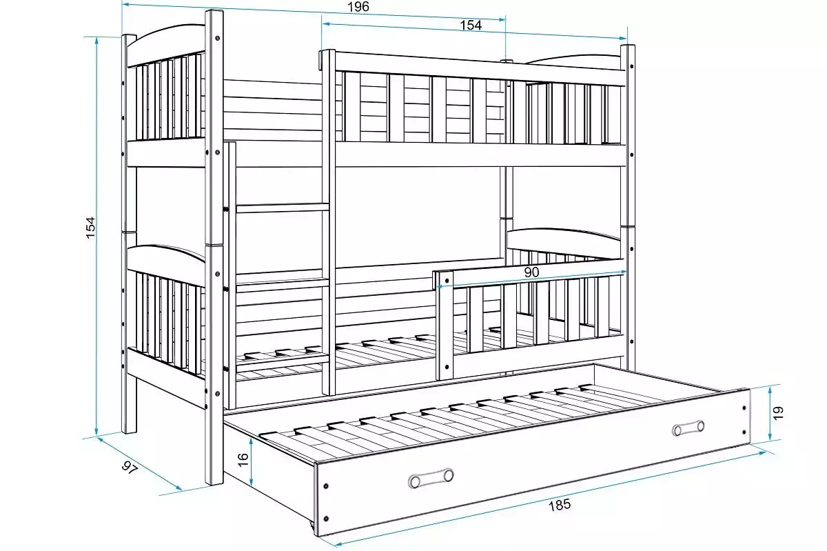 Abmessungen und Spezifikationen für Etagenbett für drei Personen Jakob, 90x190, mit Schublade, Kiefer/weiß Abmessungen und Spezifikationen für Etagenbett für drei Personen Jakob, 90x190, mit Schublade, Kiefer/weiß