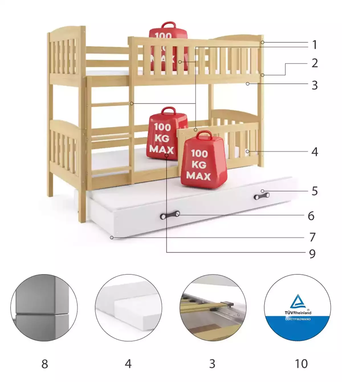 Komponenten für Etagenbett für drei Personen Jakob, 90x190, mit Schublade, Kiefer/weiß Komponenten für Etagenbett für drei Personen Jakob, 90x190, mit Schublade, Kiefer/weiß