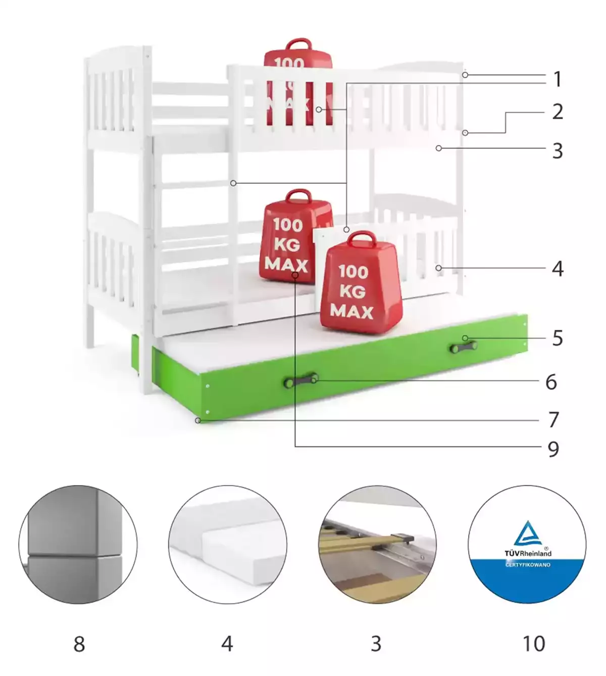 Komponenten für Etagenbett für drei Personen Jakob, 90x190, mit Schublade, weiß/grün