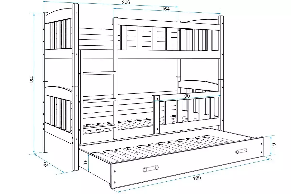 Abmessungen und Spezifikationen für Etagenbett für drei Personen Jakob, 90x200, mit Matratze, Schublade, weiß Abmessungen und Spezifikationen für Etagenbett für drei Personen Jakob, 90x200, mit Matratze, Schublade, weiß