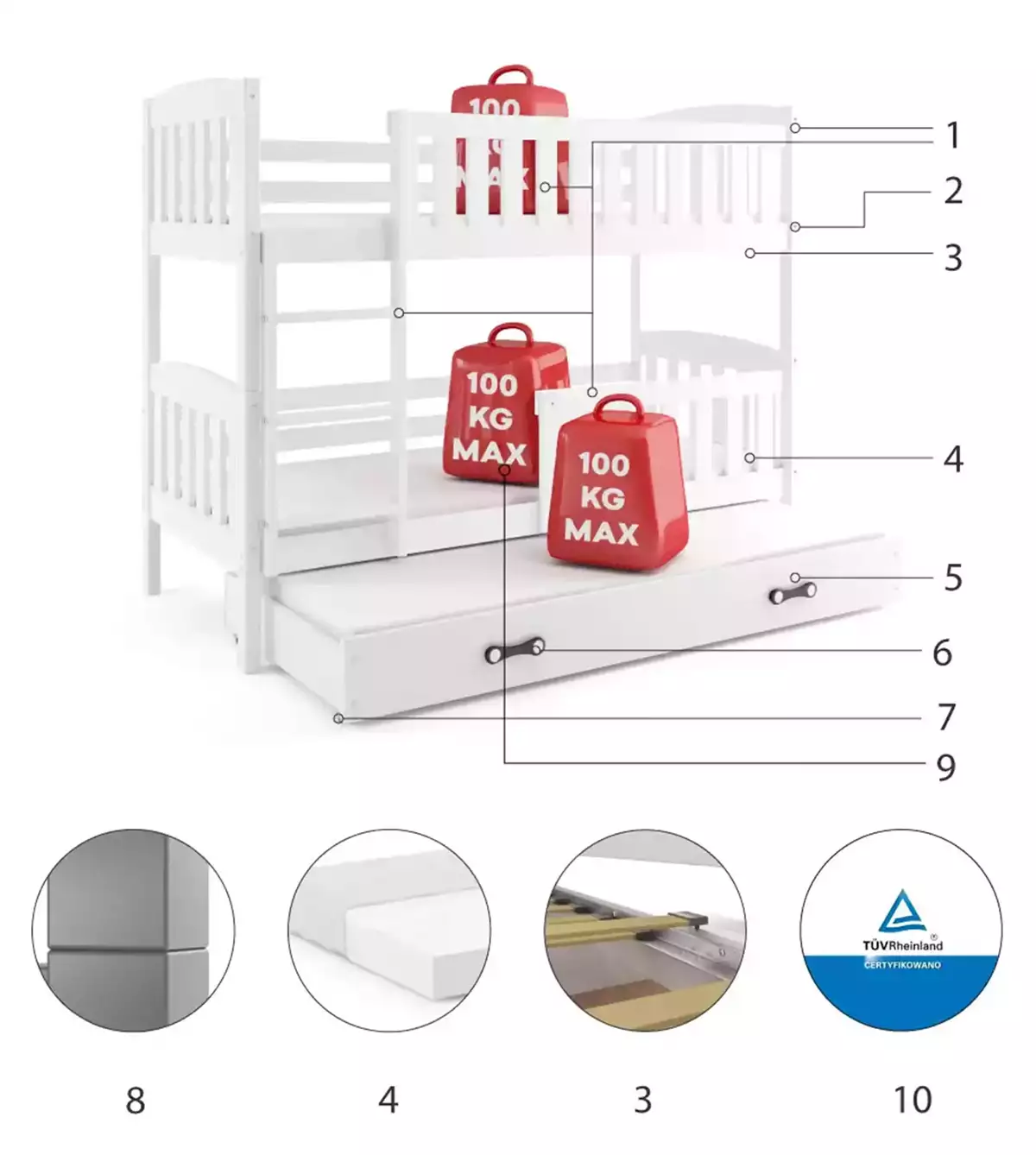 Komponenten für Etagenbett für drei Personen Jakob, 90x200, mit Matratze, Schublade, weiß Komponenten für Etagenbett für drei Personen Jakob, 90x200, mit Matratze, Schublade, weiß